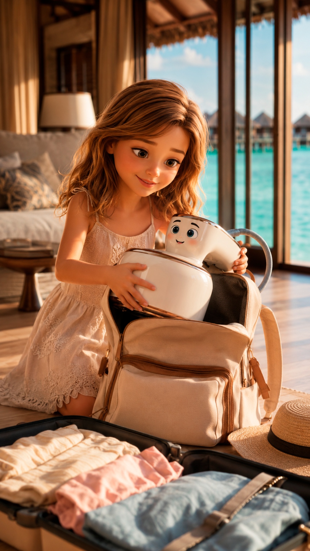 Cinematic soft morning scene inside a bright Maldives villa. A sweet little girl carefully places...