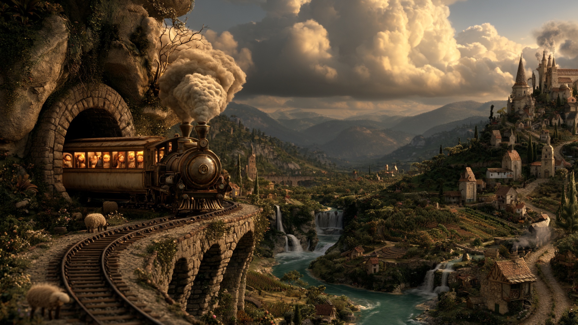 The vintage steam train continues emerging from the existing stone tunnel and rolls steadily forw...
