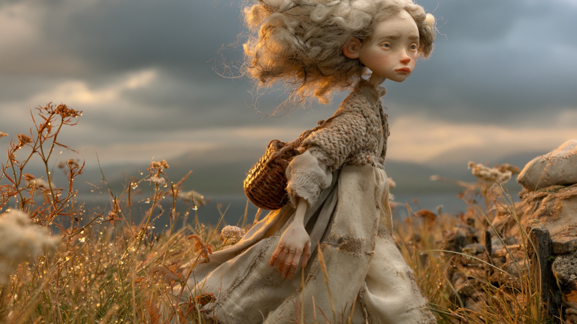 Gentle camera follow in her direction of travel. She continues forward with one full measured ste...