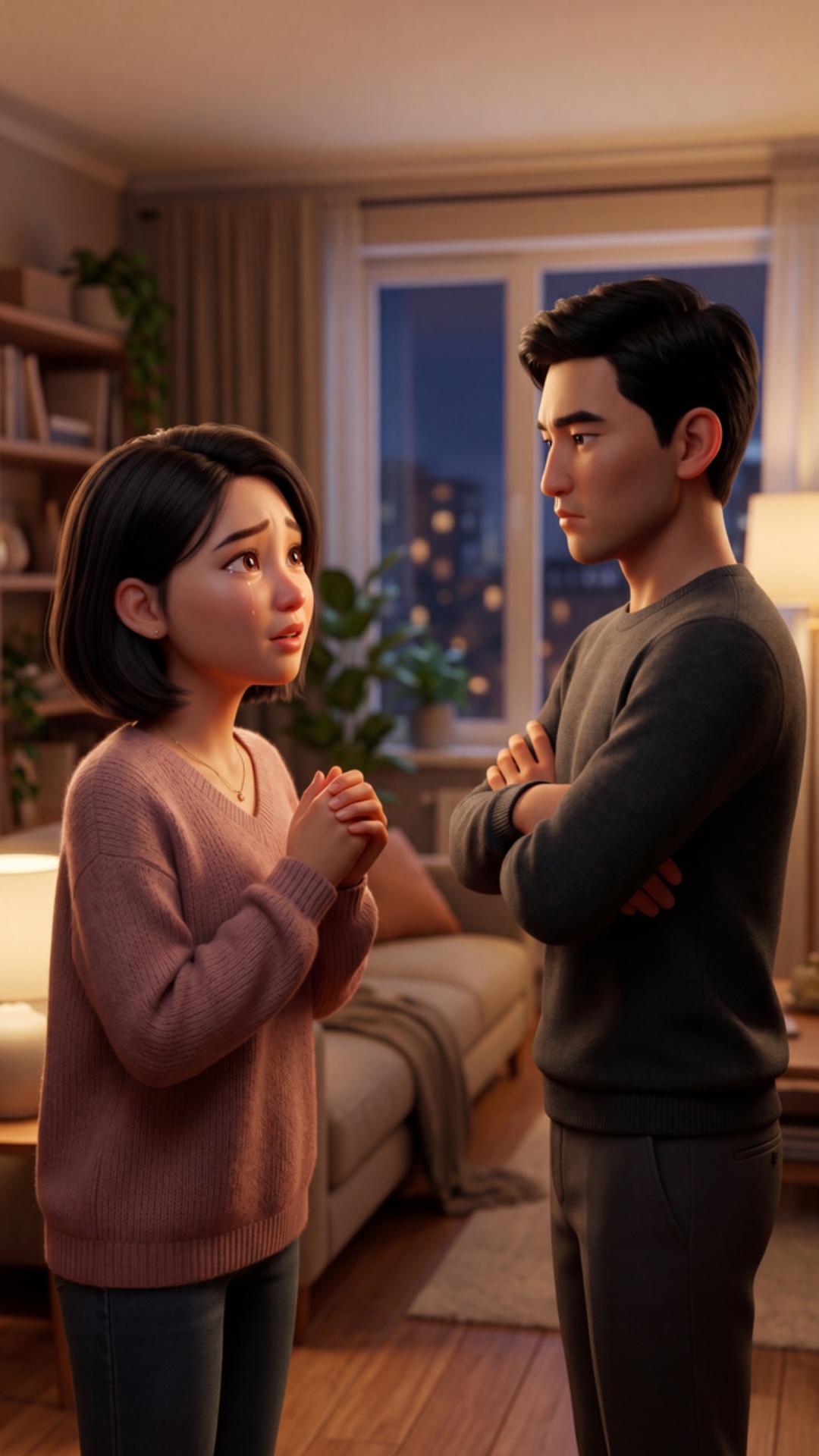 Animated stylized cinematic scene, 70% cartoon style, 30% realism, Pixar-style faces, soft styliz...
