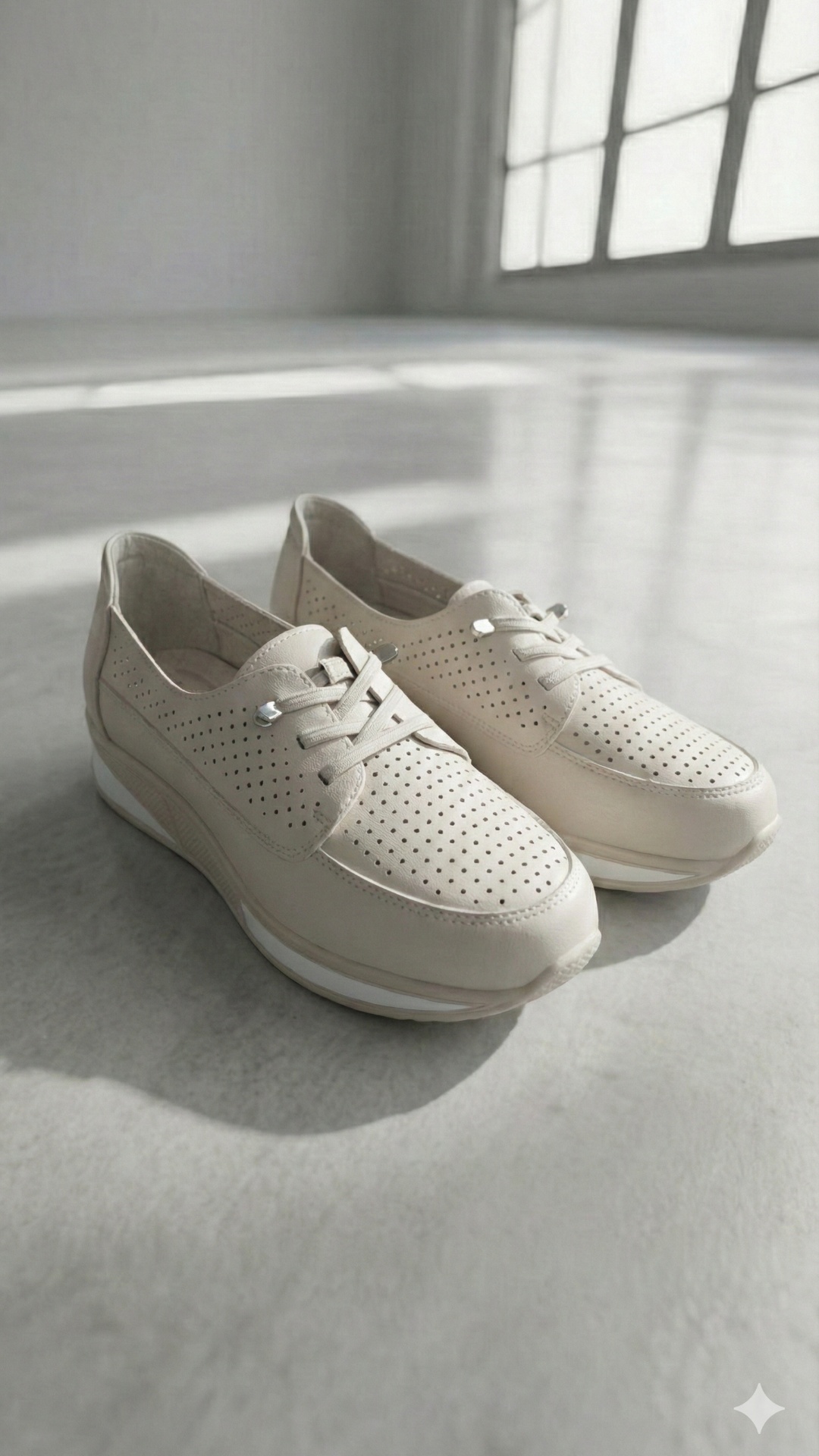 An ultra-realistic cinematic macro shot of light beige perforated leather casual sneakers. Soft, ...
