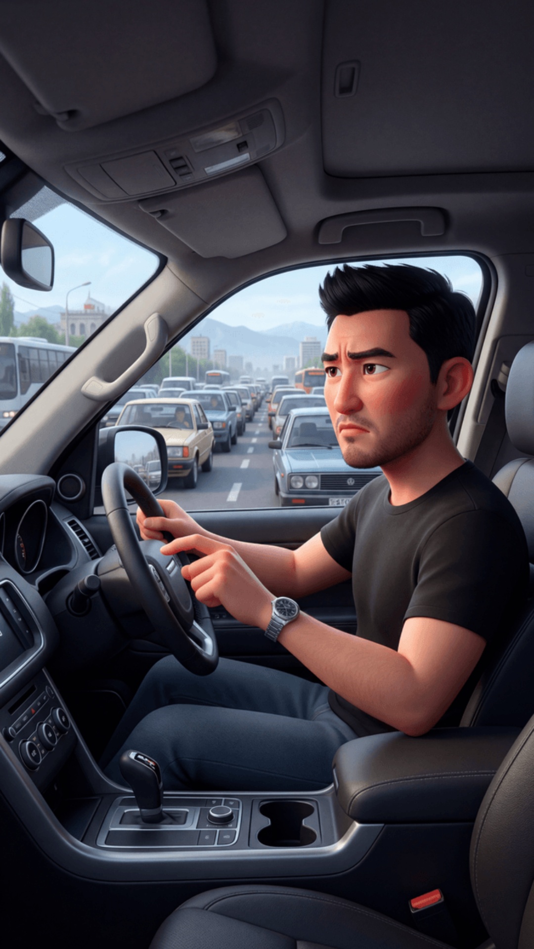 Cinematic 3D Pixar-style, vertical 9:16, Bishkek traffic jam, daylight.

Kyrgyz man (30), inside ...