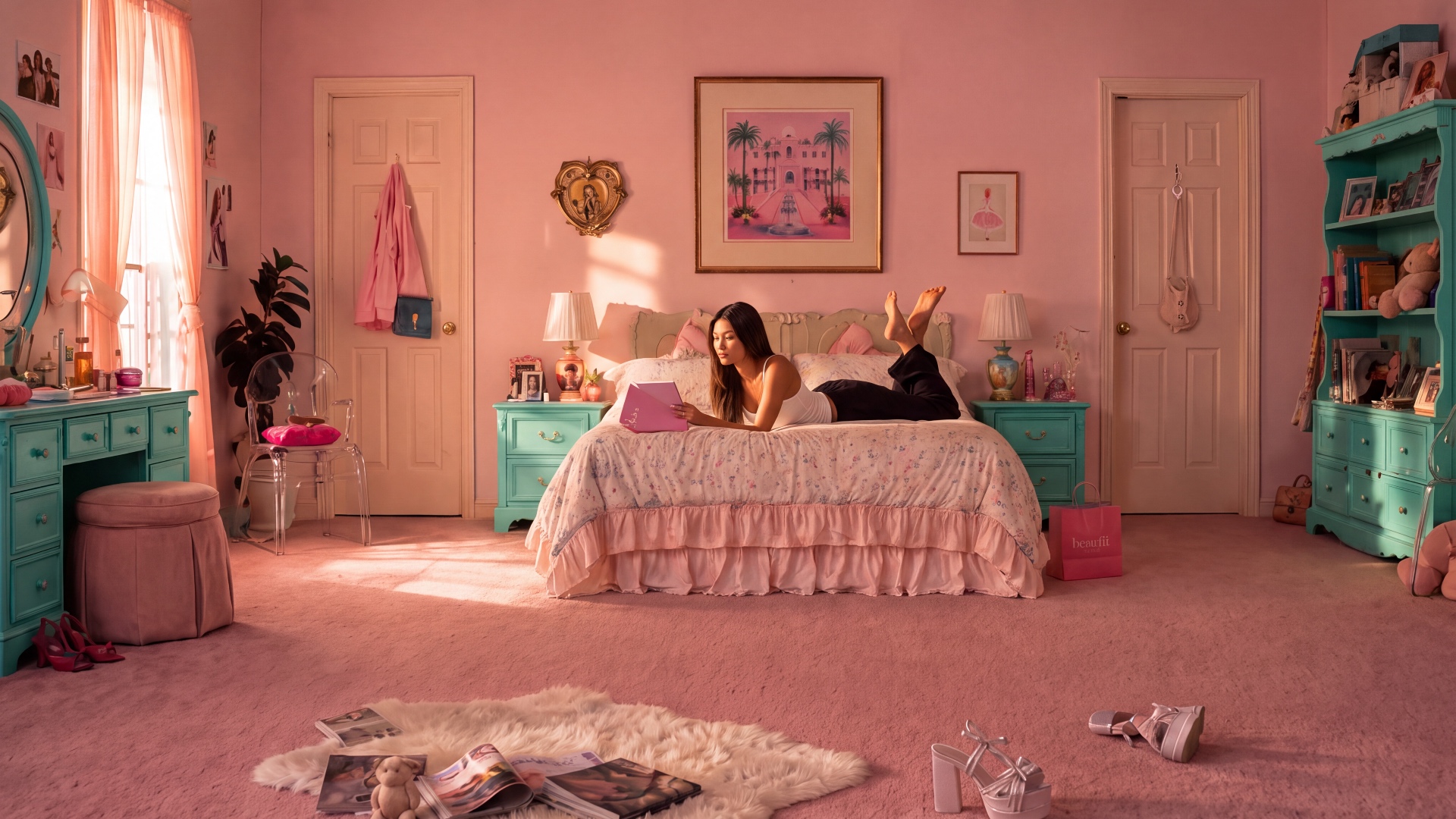 se the reference image exactly.

Preserve the bedroom layout, architecture, furniture, Tiffany bl...