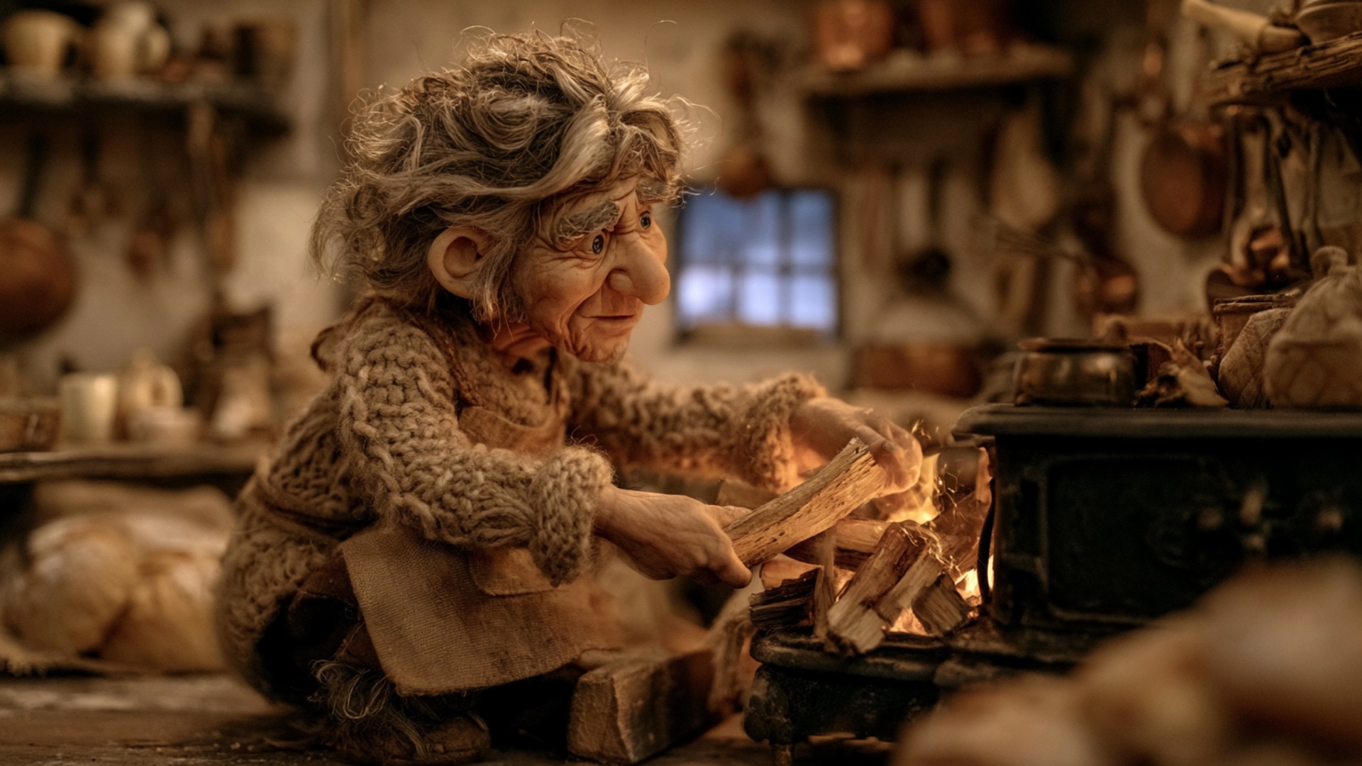 The baker places one piece of split firewood deeper into the open stove and pushes it into positi...