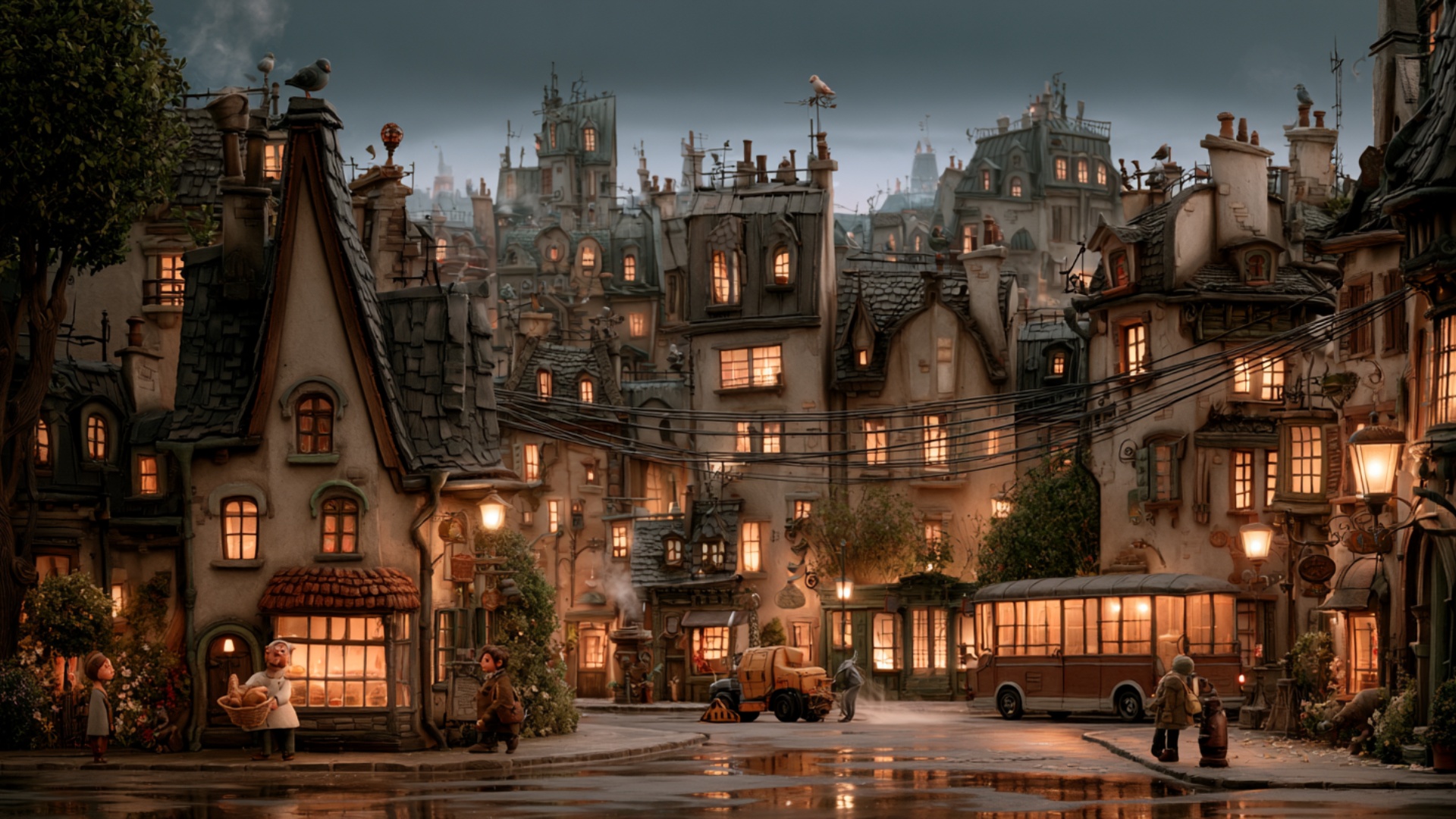 The miniature city gently wakes at dawn. The small street-cleaning vehicle slowly moves across th...