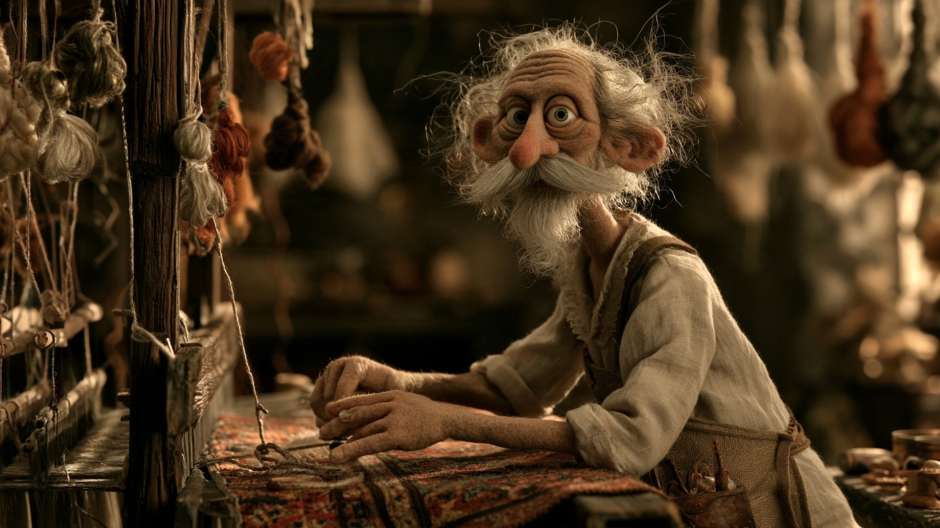 His hands pull the weft thread tight and beat it into place with a wooden comb, hanging wool skei...