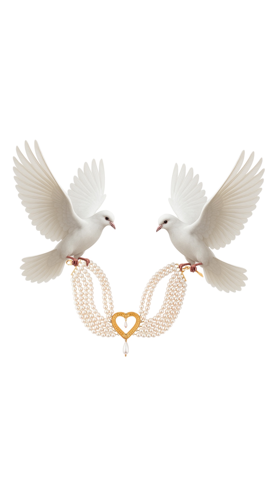 Subject: Two decorative white doves, each holding one end of an ornate multi-strand pearl necklac...