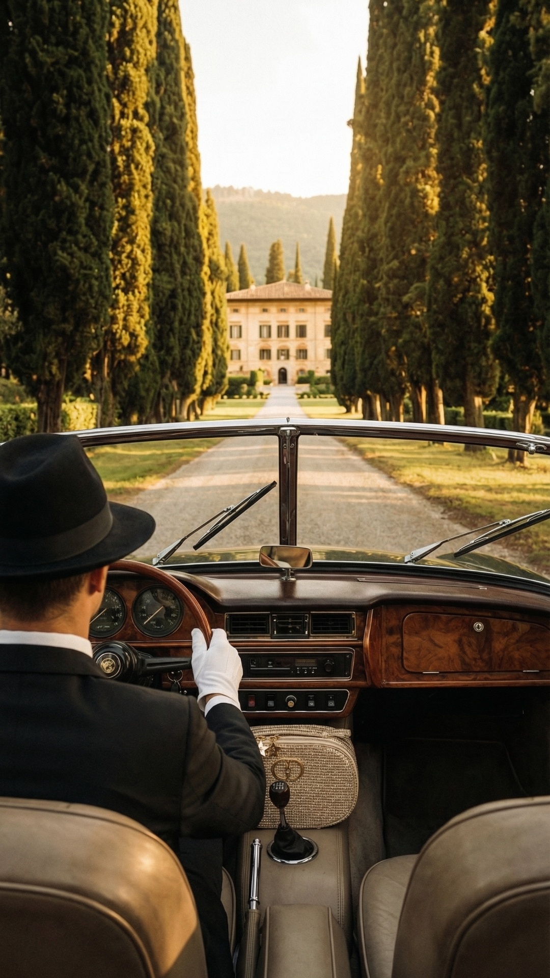 Slow forward movement, as if driving slowly and calmly towards the estate. Cinematic, steady, set...
