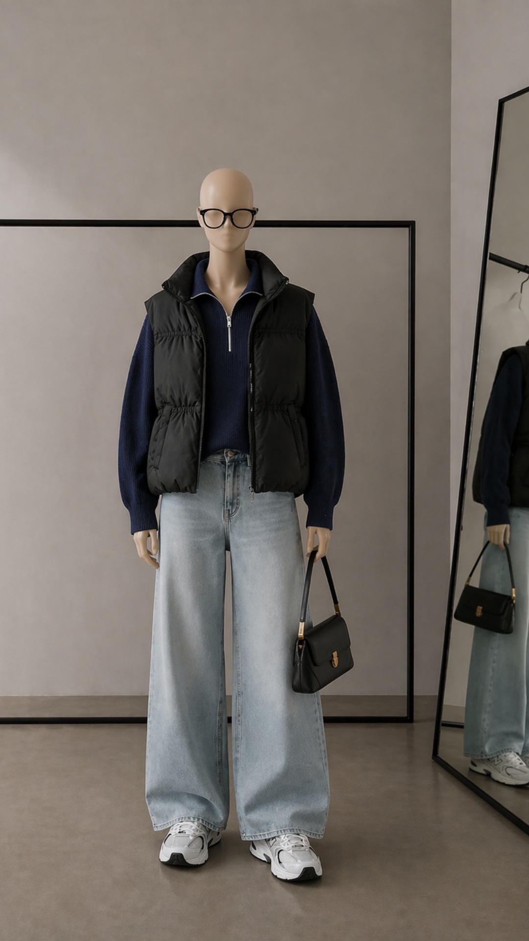 Prompt:

Minimalist fashion studio, female mannequin wearing: black down vest, dark blue sweate...