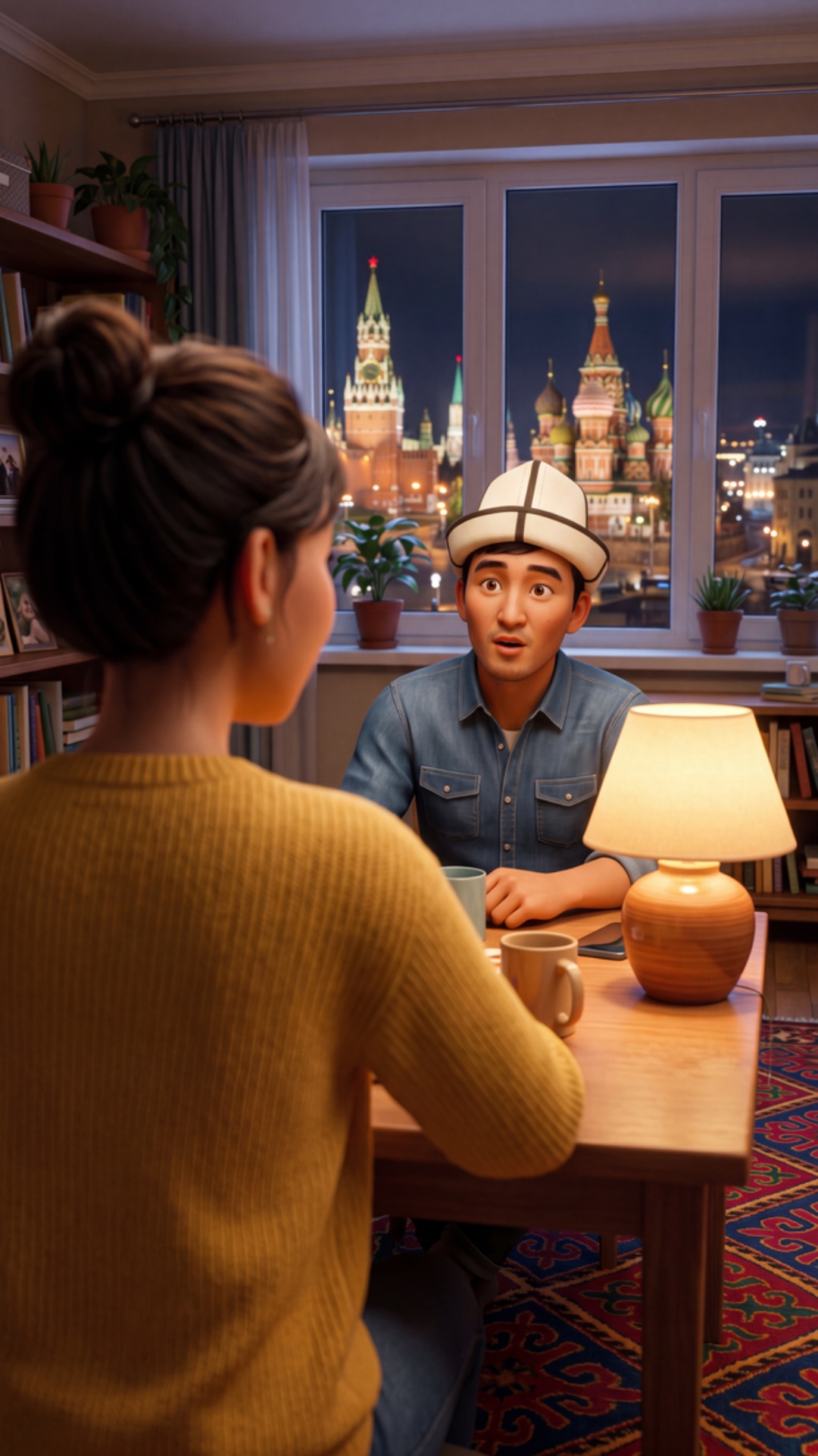 Pixar 3D animation, cinematic realism, vibrant warm colors.
Moscow apartment living room, night. ...
