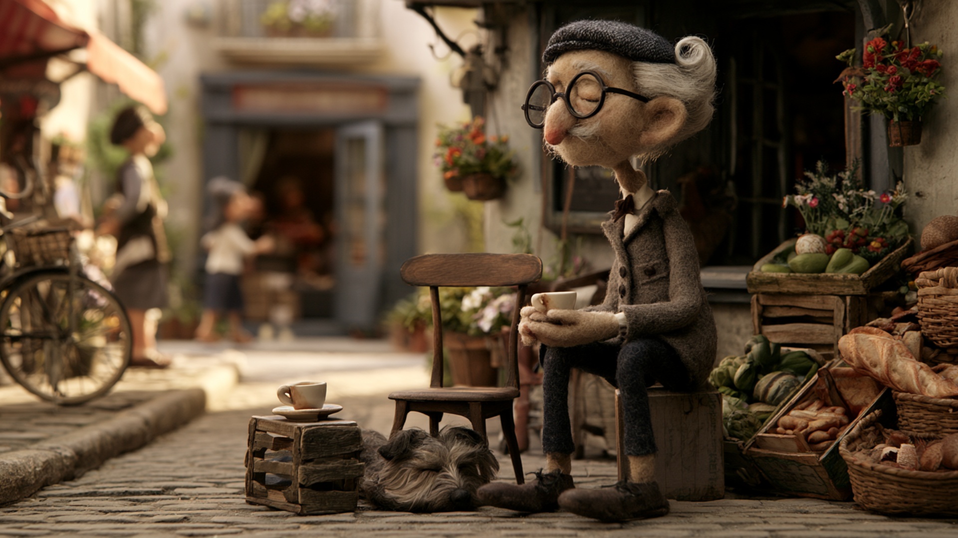 The elderly man remains seated but the scene stays continuously alive. He slowly lifts the cup a ...