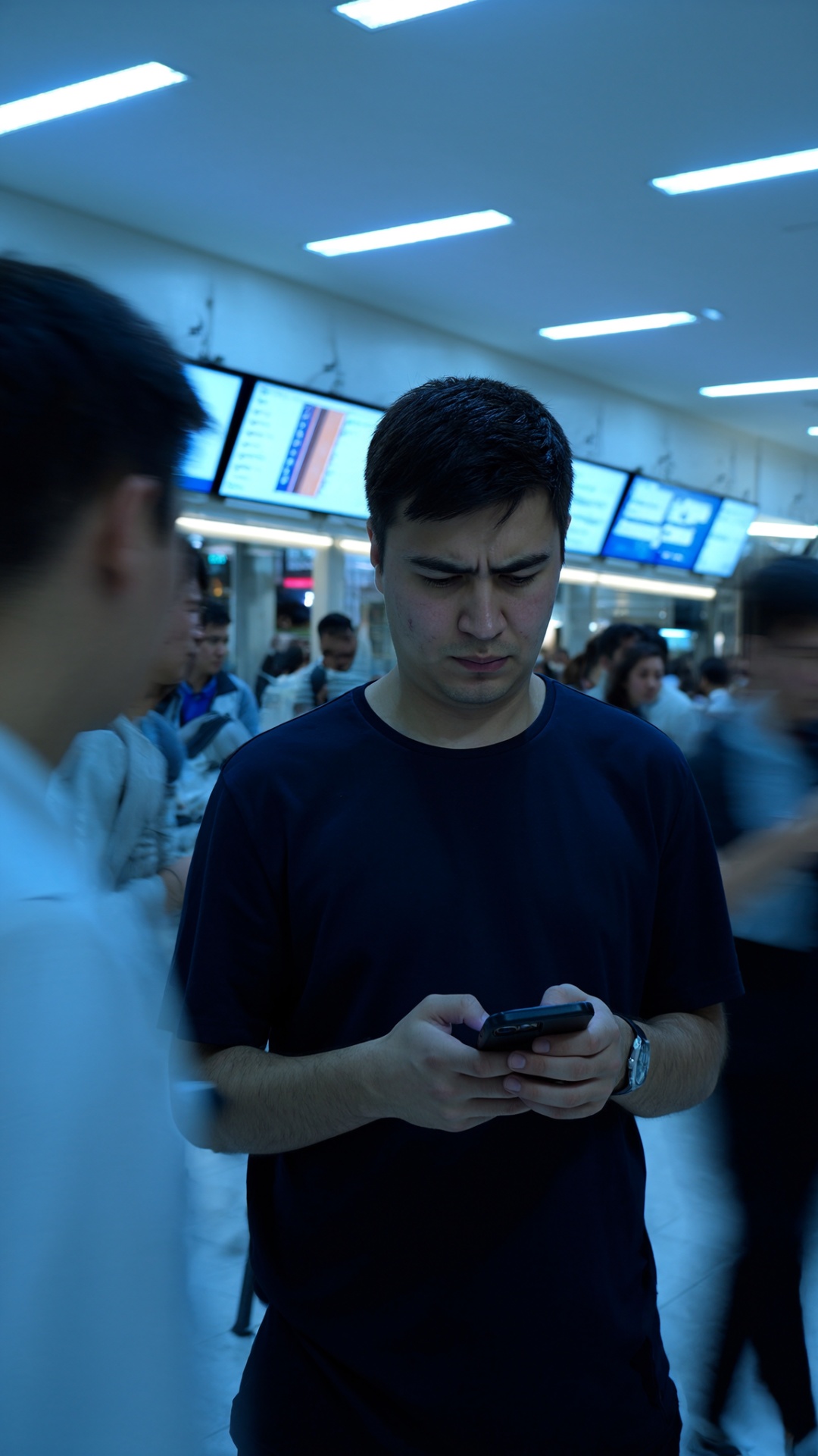 Static shot.
Subject looks at phone, slight tension, subtle breathing.
Background movement of peo...