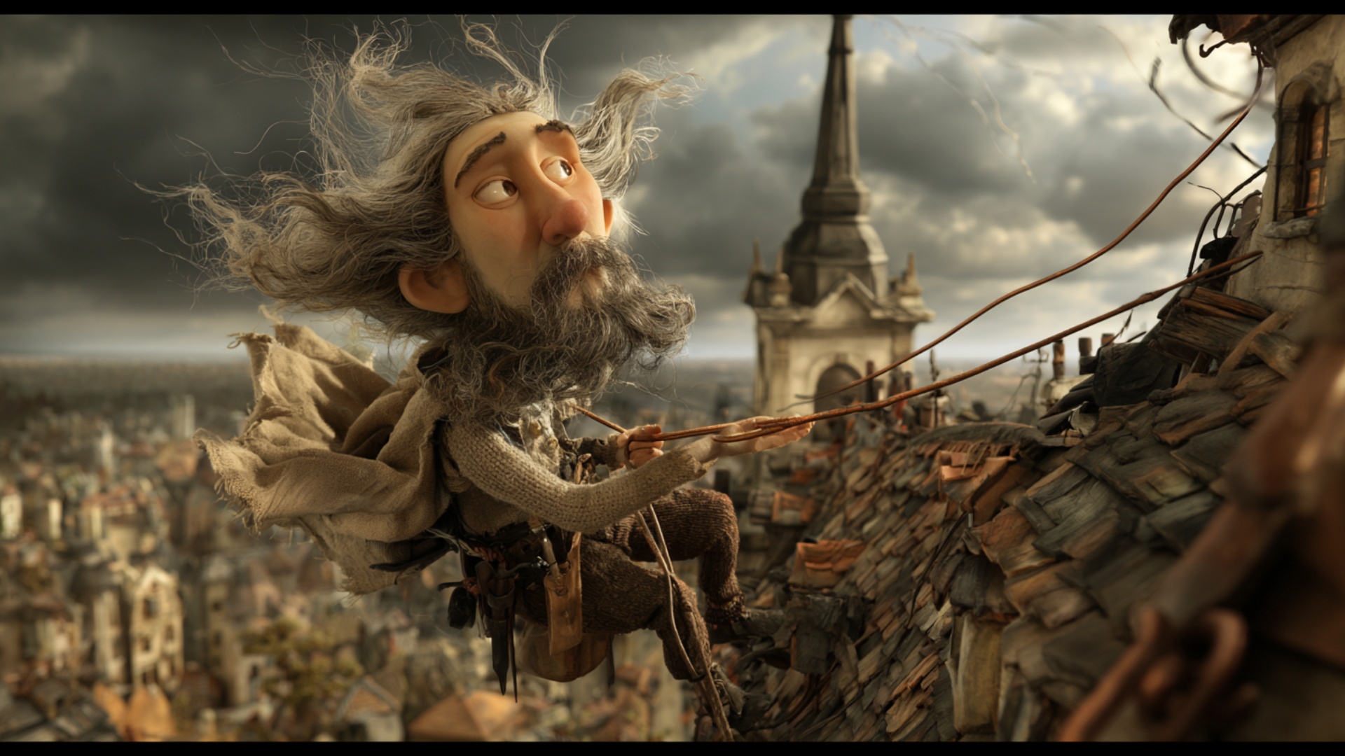 The worker stays firmly braced in his existing position on the steep roof and slowly pulls the tw...