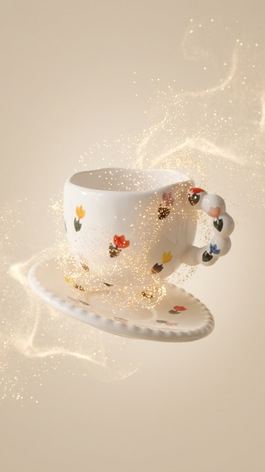 Magical cinematic animation: a tea cup and saucer float in the air, slowly assembling from glowin...