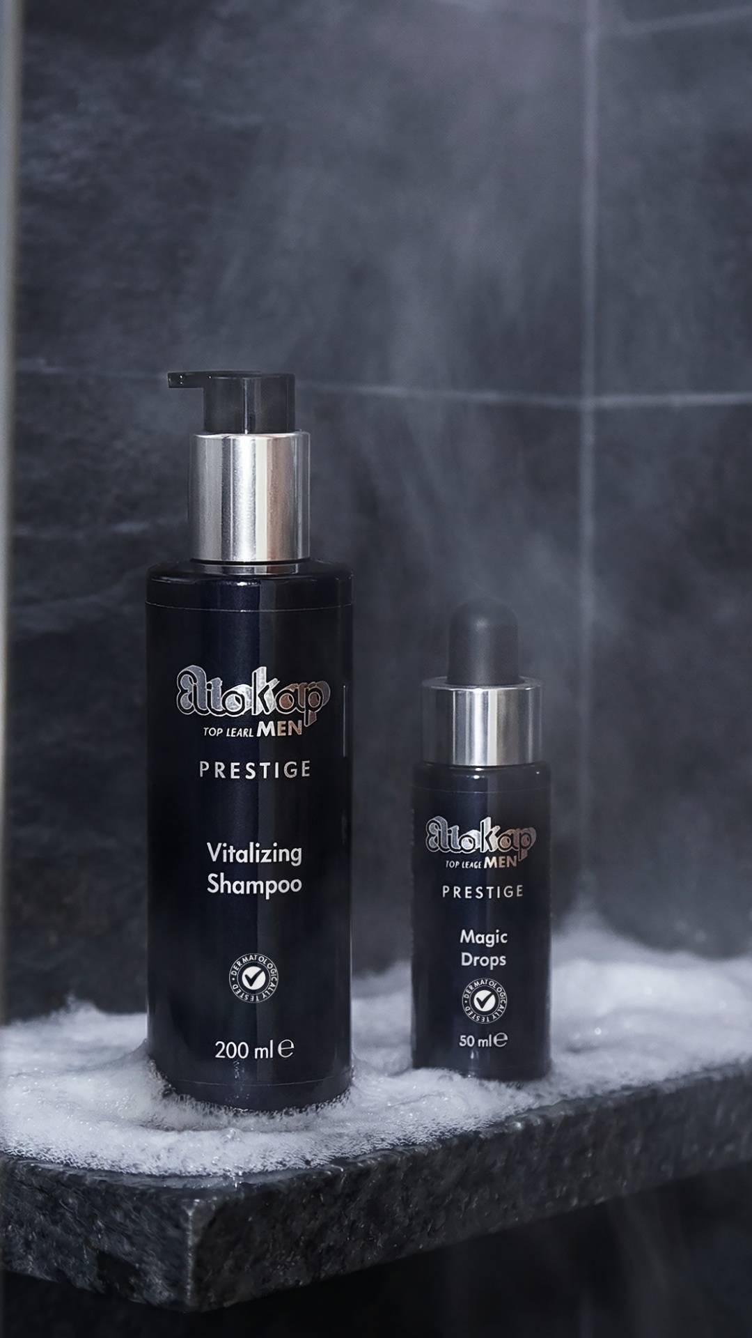 A photorealistic promotional video set in a modern shower. Two bottles of men's cosmetics stand m...