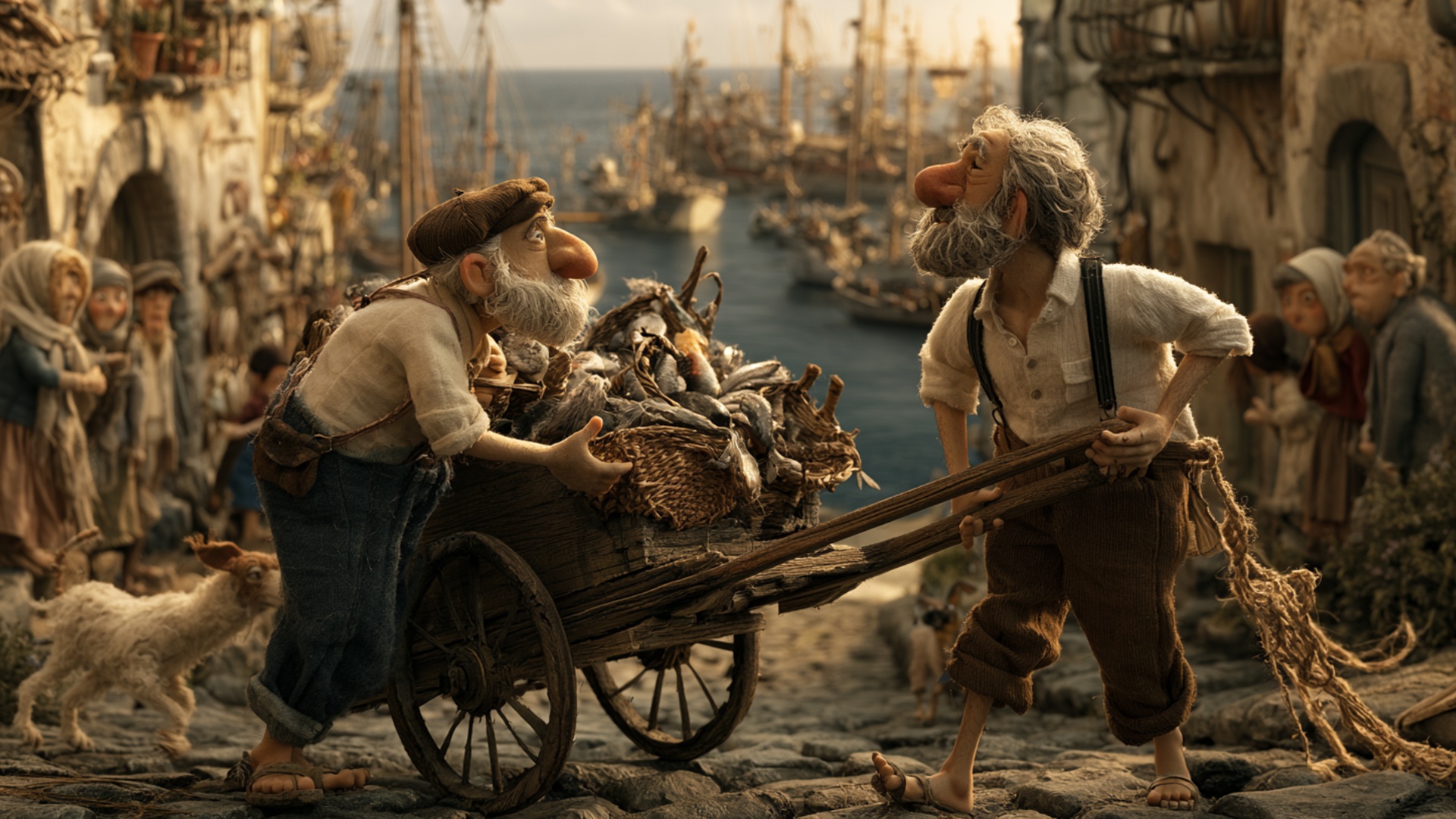 The two fishermen struggle steadily with the heavy wooden cart on the steep cobblestone street. T...