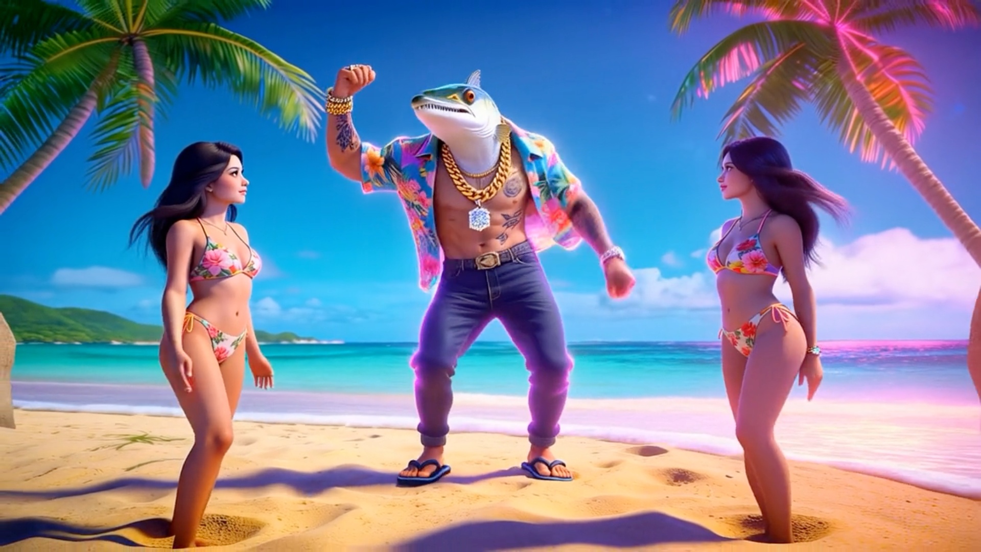 Les deux filles s'enfoncent sur le sable en se dandinant, le danseur fait le grand écart et les r...