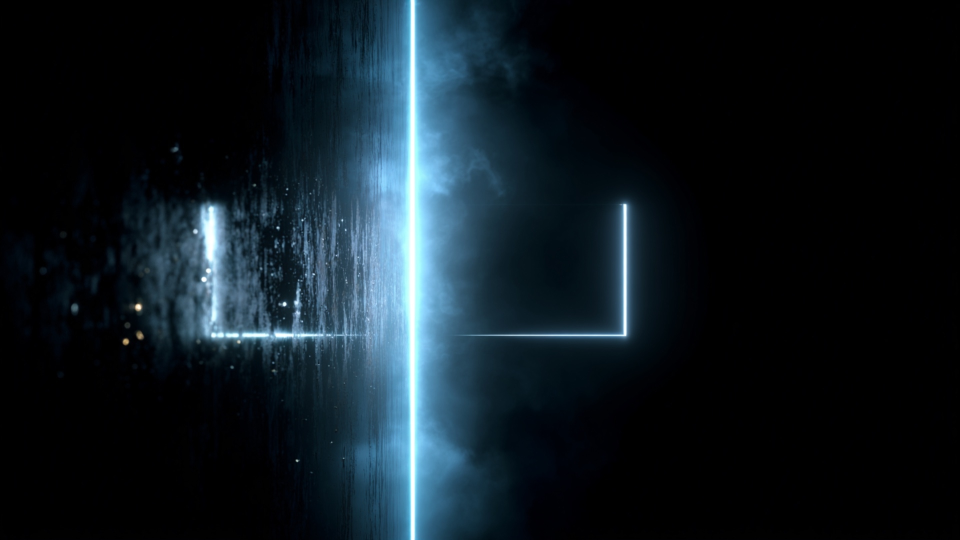A dark cinematic minimal scene, futuristic glowing neon blue lines forming a doorway on a black b...