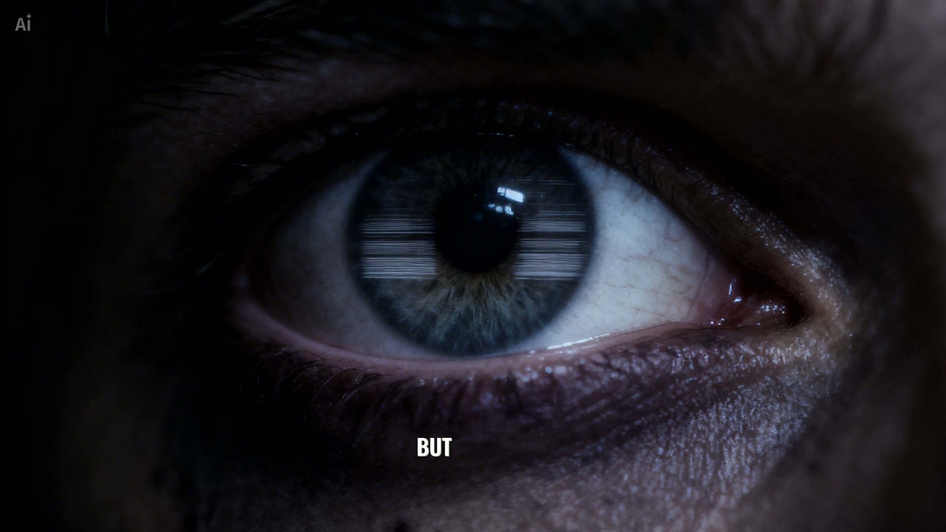 Cinematic macro extreme close-up of a wide, terrified human eye staring directly into the camera....