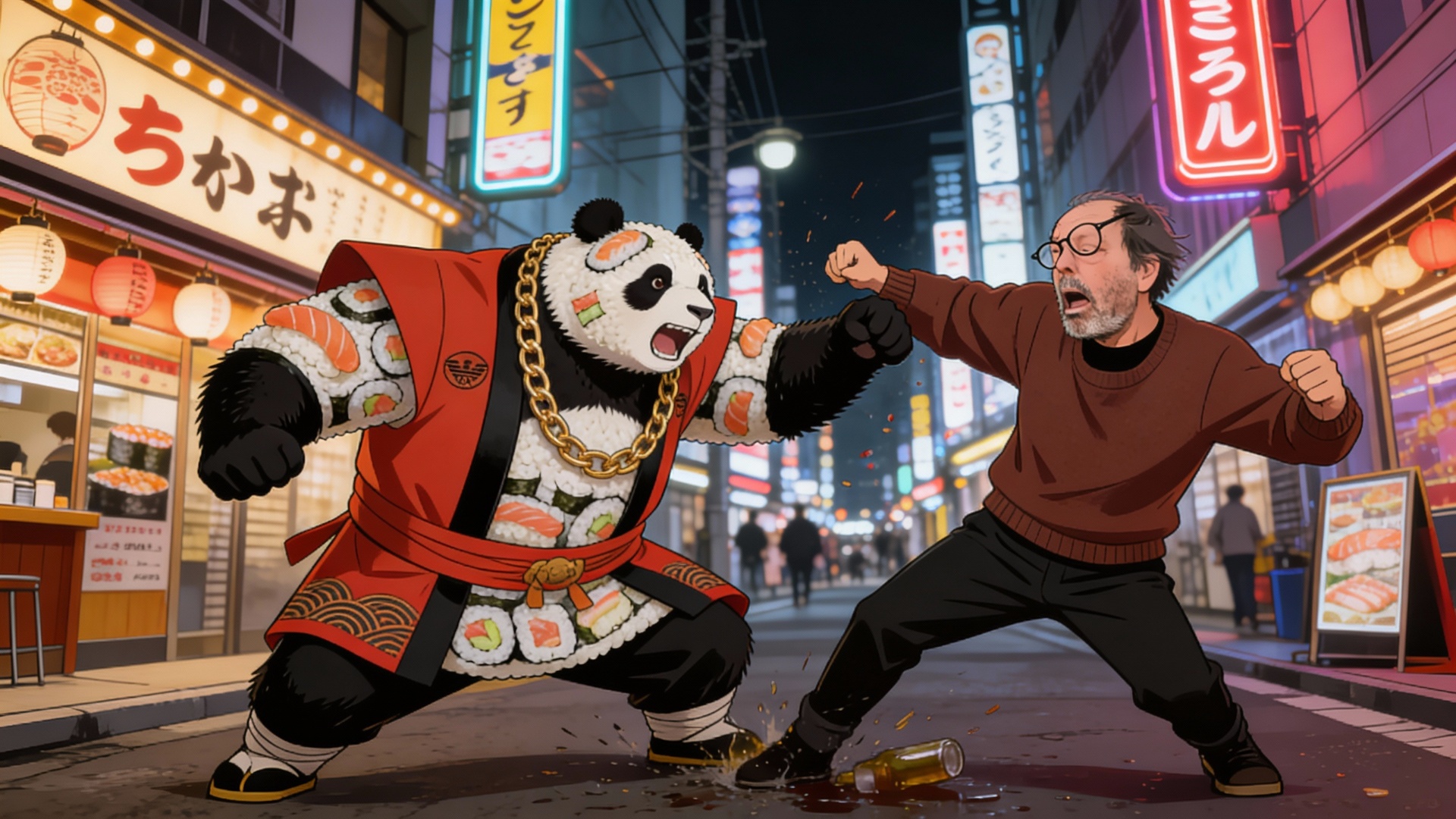 Combat d'ivrognes entre panda Sushi et baka man dans une rue de Tokyo