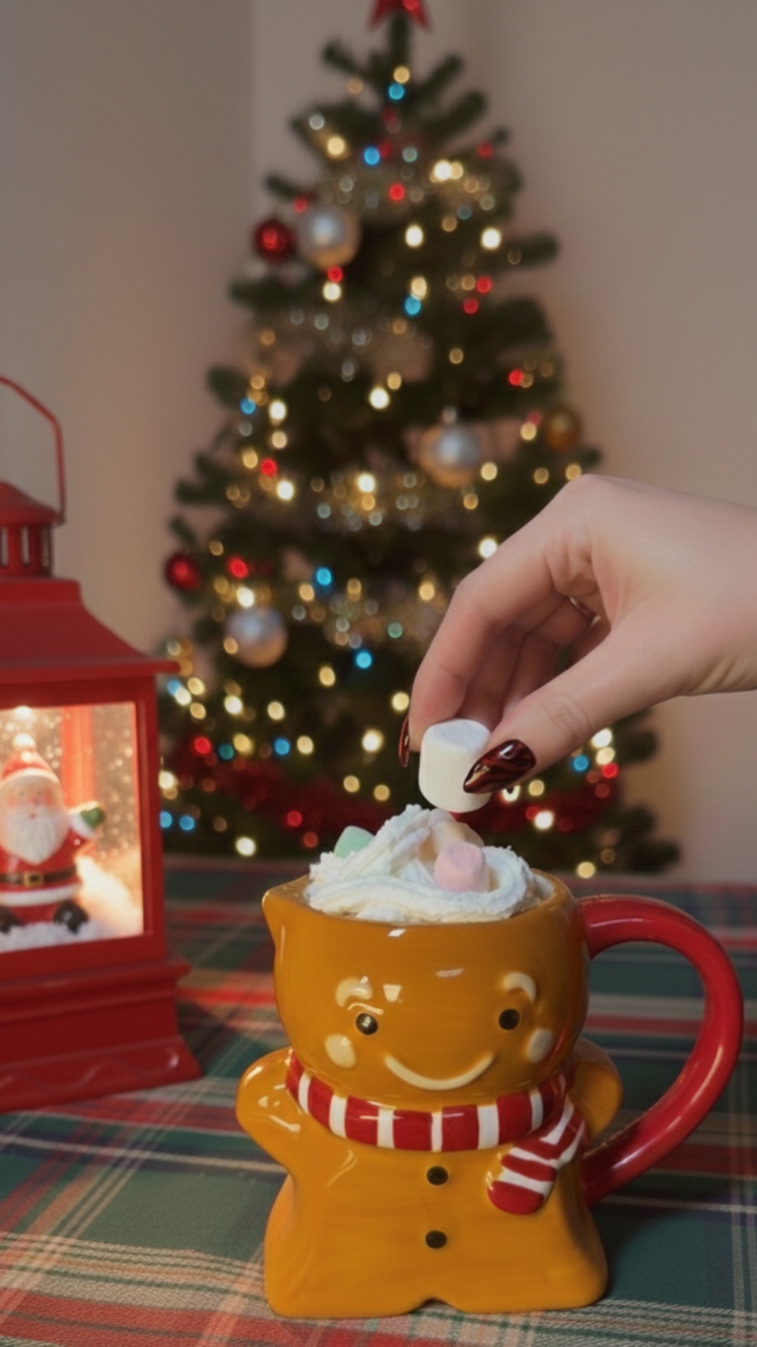 A cozy cinematic close-up video. A human hand gently places a single white marshmallow into a cup...