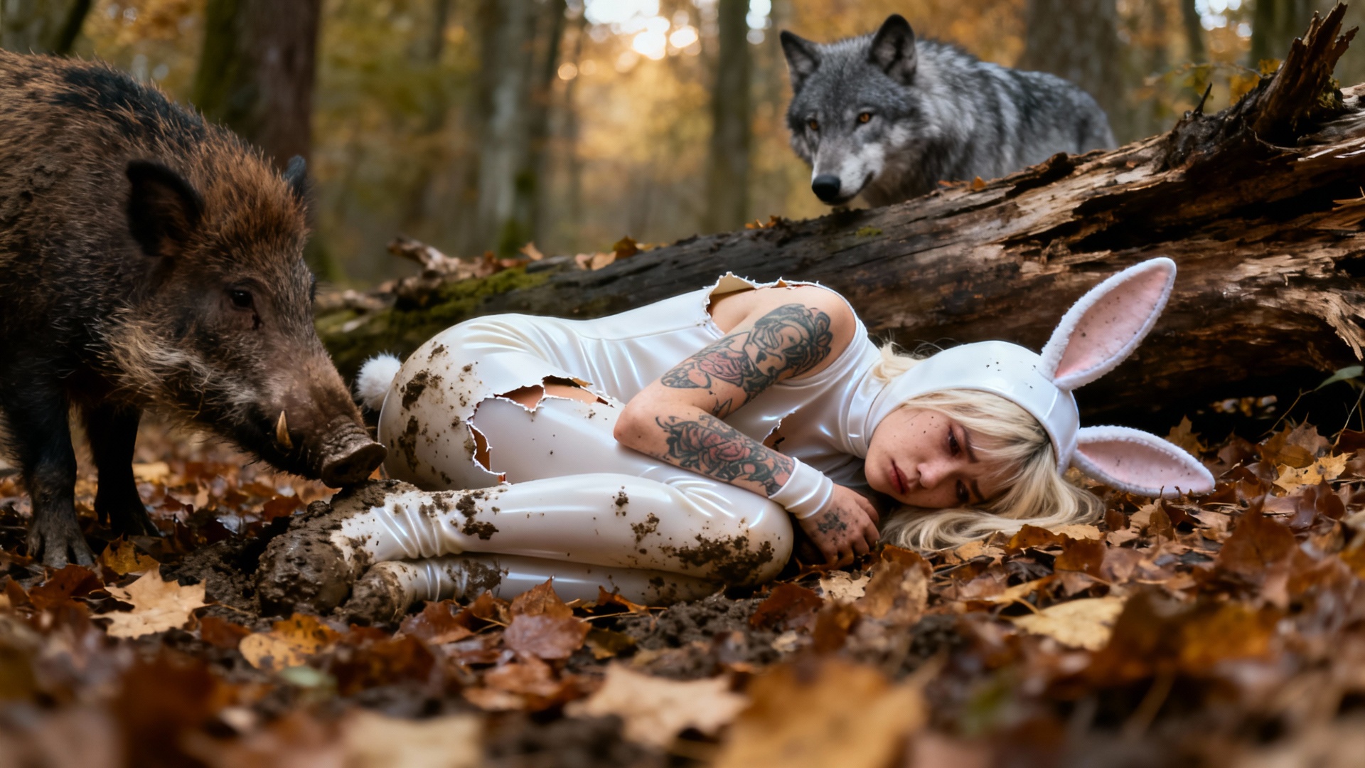 Le sanglier vient flairer la femme. Le loup s'en retourne et disparaît.