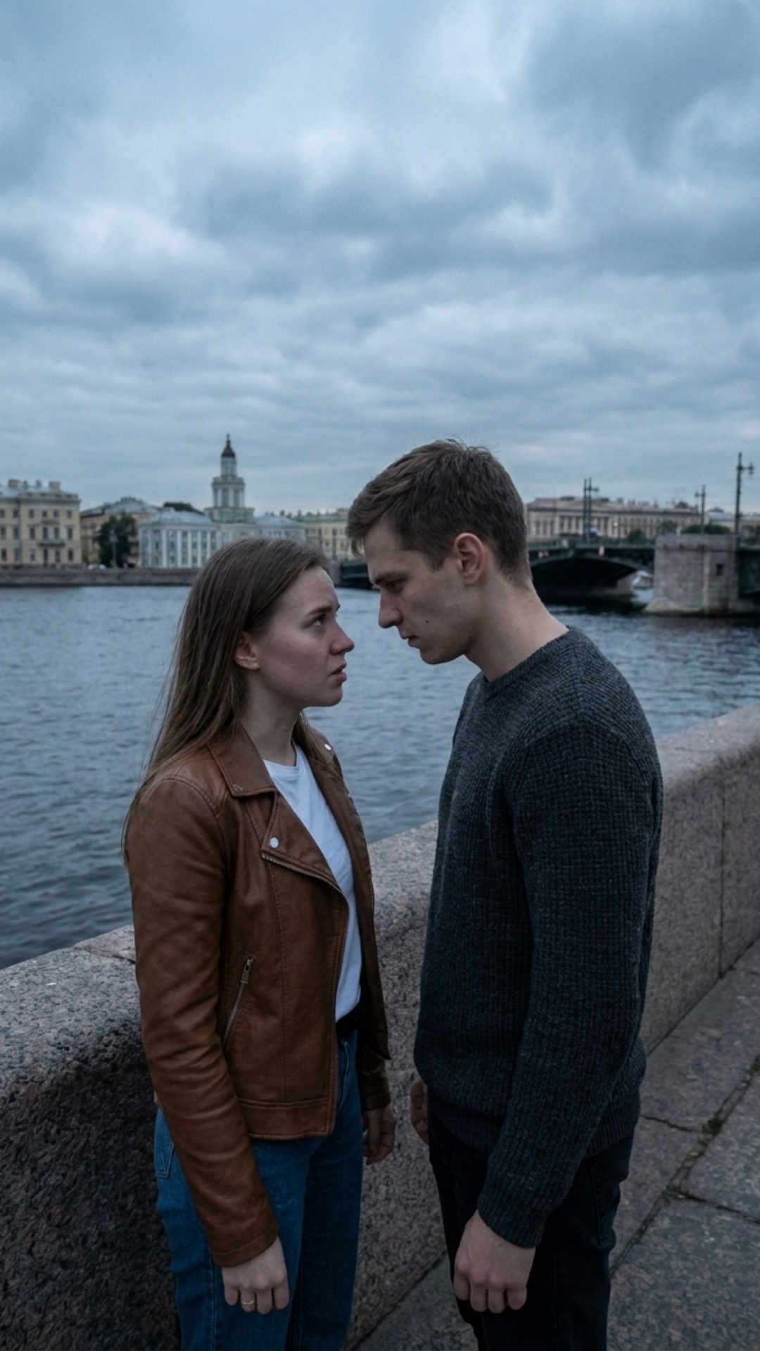 Scene:
A young couple stands face to face on a riverside embankment in Moscow during blue hour, n...
