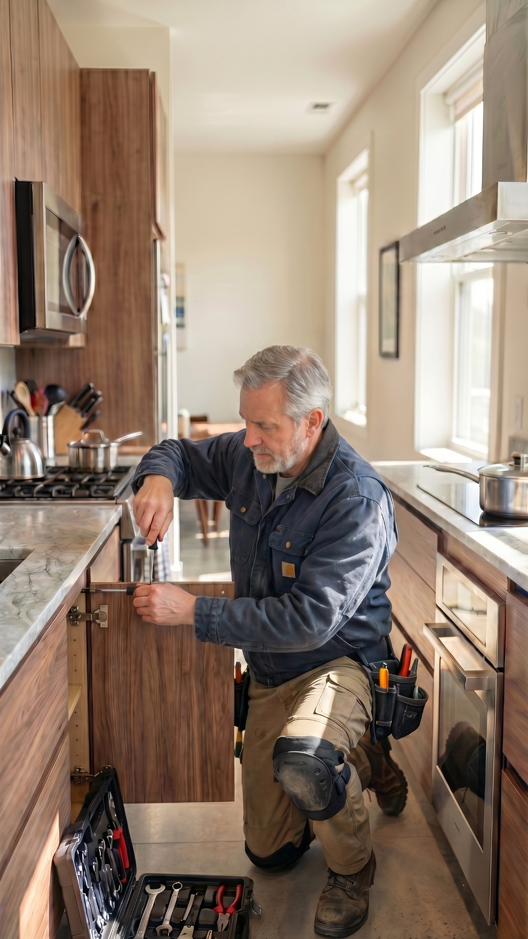 technician repairing same kitchen, adjusting cabinet hinges with tools, small movements, door sli...