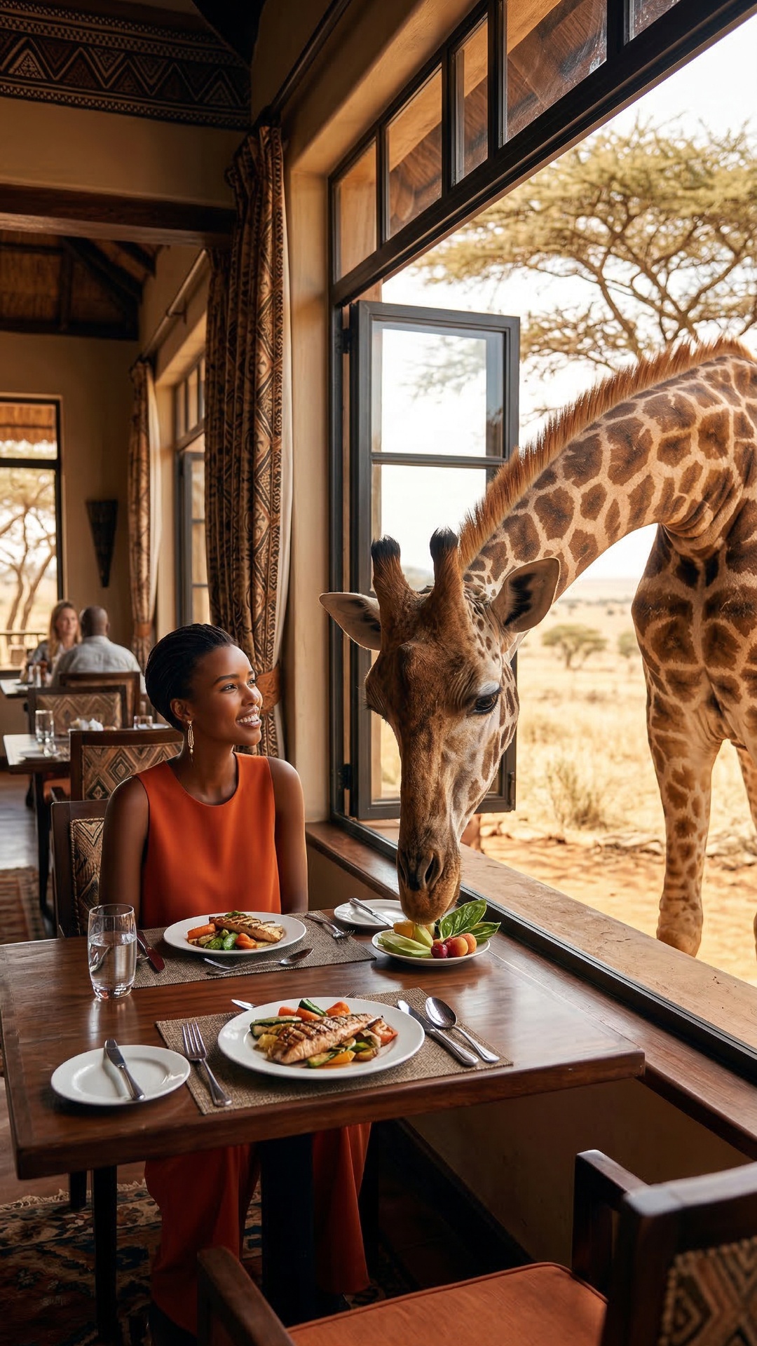model takes a fruit and feeds giraffe