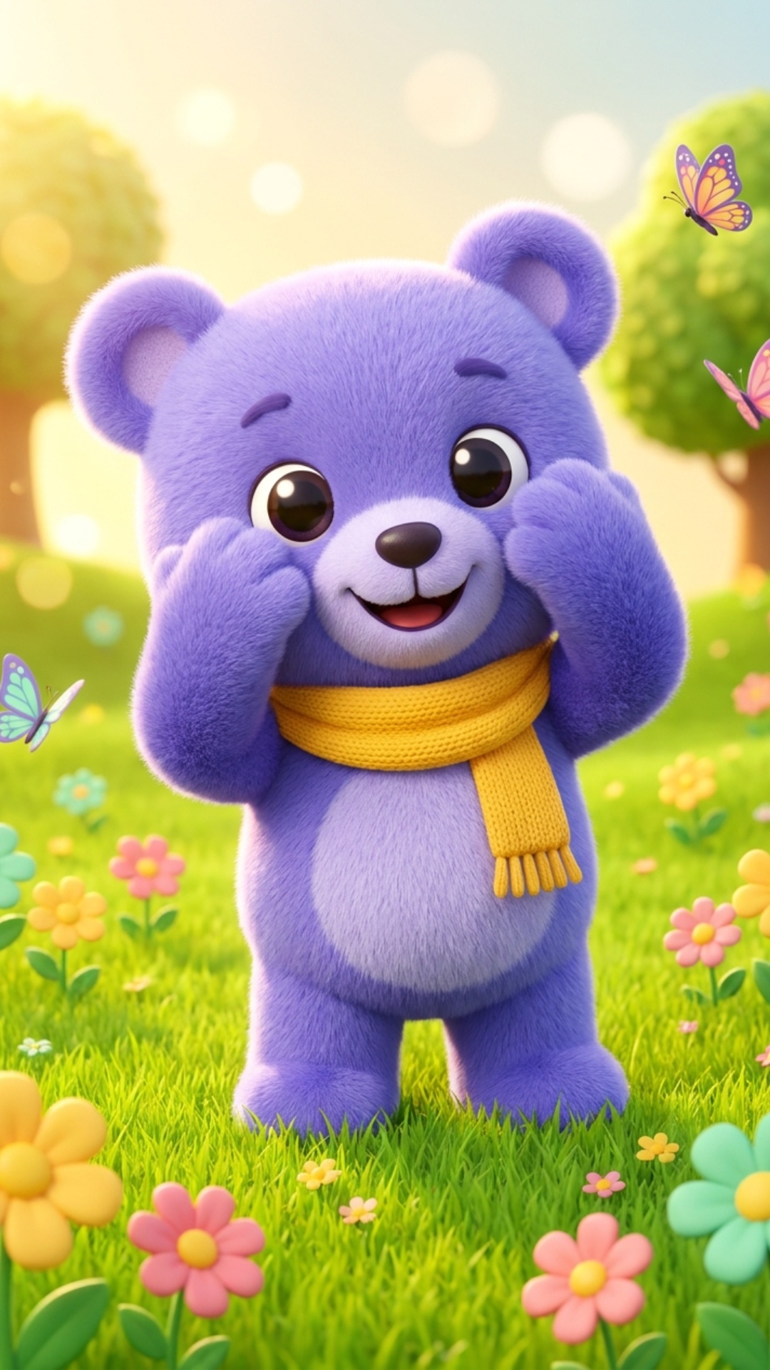 MuTi the purple teddy bear playfully peeks through his fluffy paws covering his eyes, then opens ...