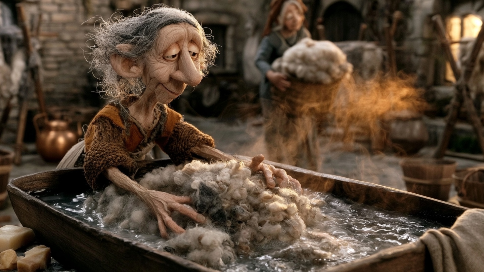 The elderly woman gathers the wet fleece toward herself with both hands, presses it beneath the w...