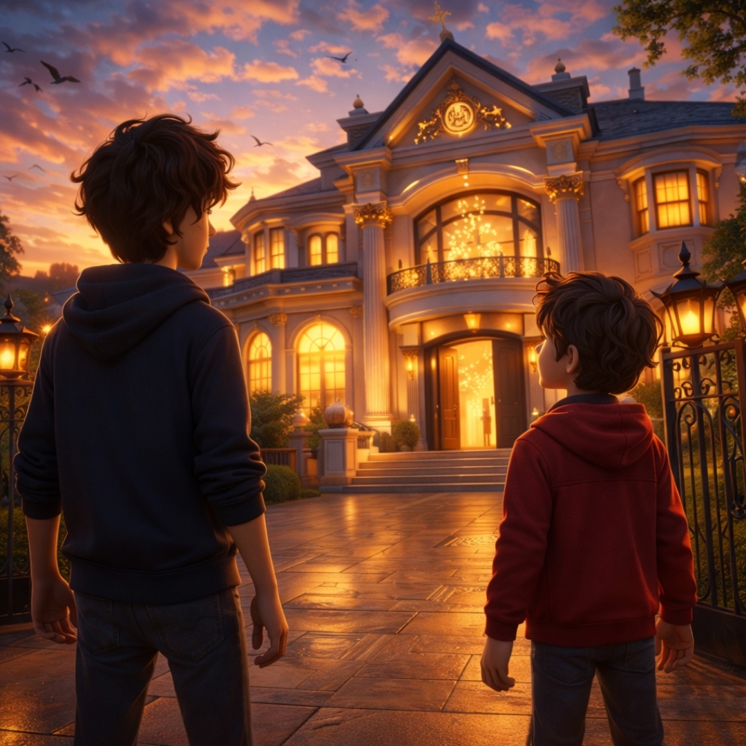 Cinematic Pixar style animation. Two brothers standing in front of a huge glowing mansion at suns...
