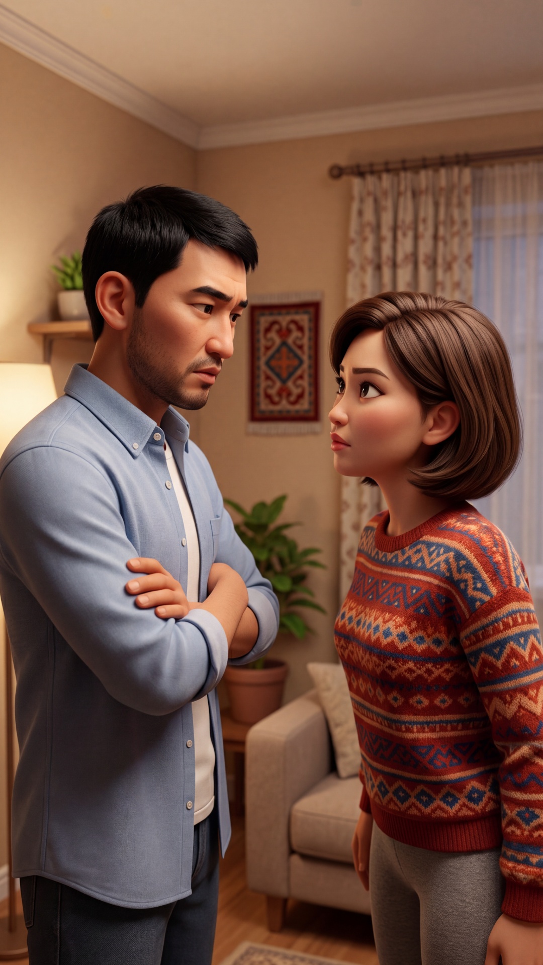 Animated stylized home interior, 70% cartoon style, 30% realism, warm evening lighting, cozy apar...