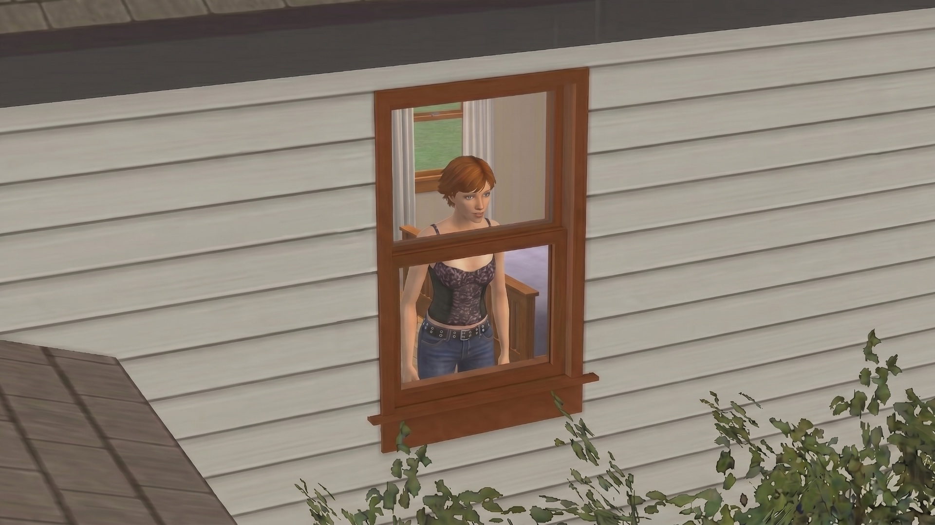 Персонаж грустно смотрит в окно, краника и движения в стиле игры the sims 2