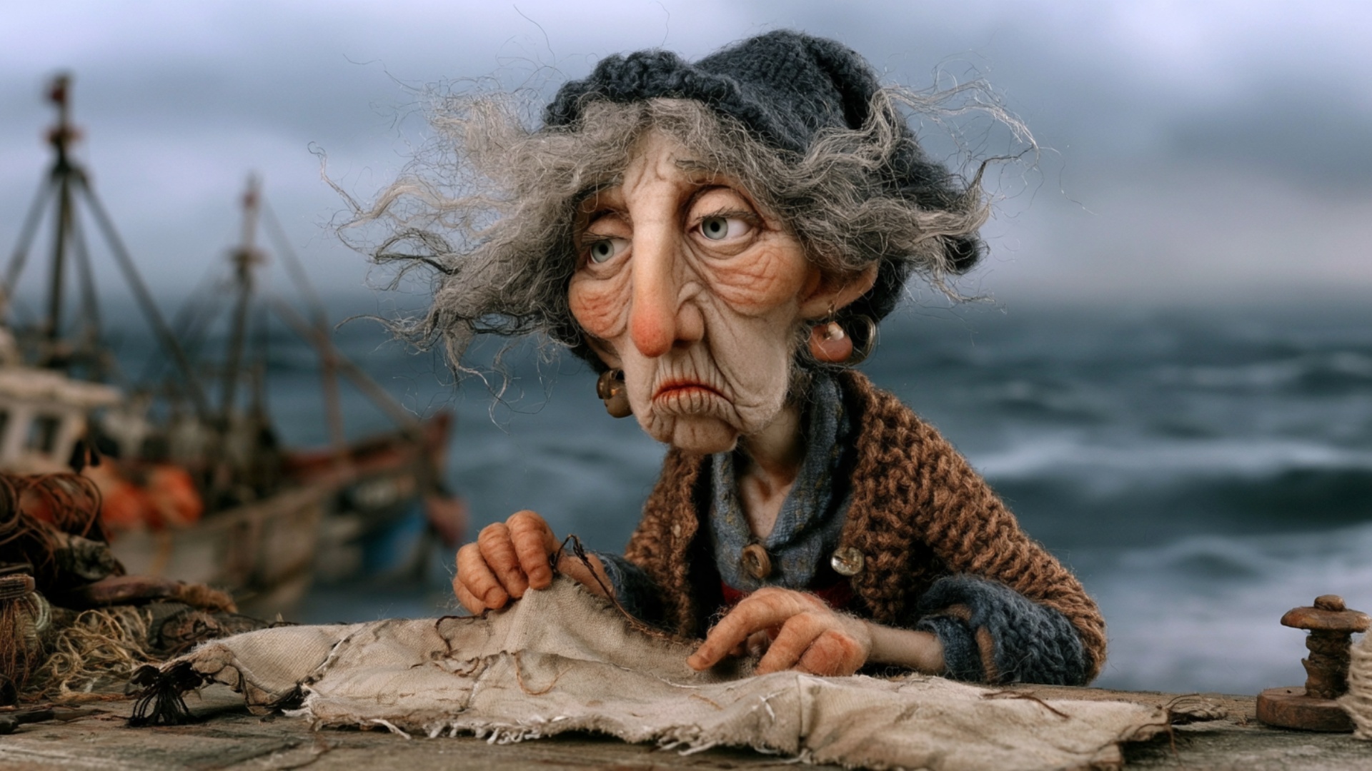 Her needle pulls a thick thread through canvas, the sail snapping and rippling in the wind, her h...