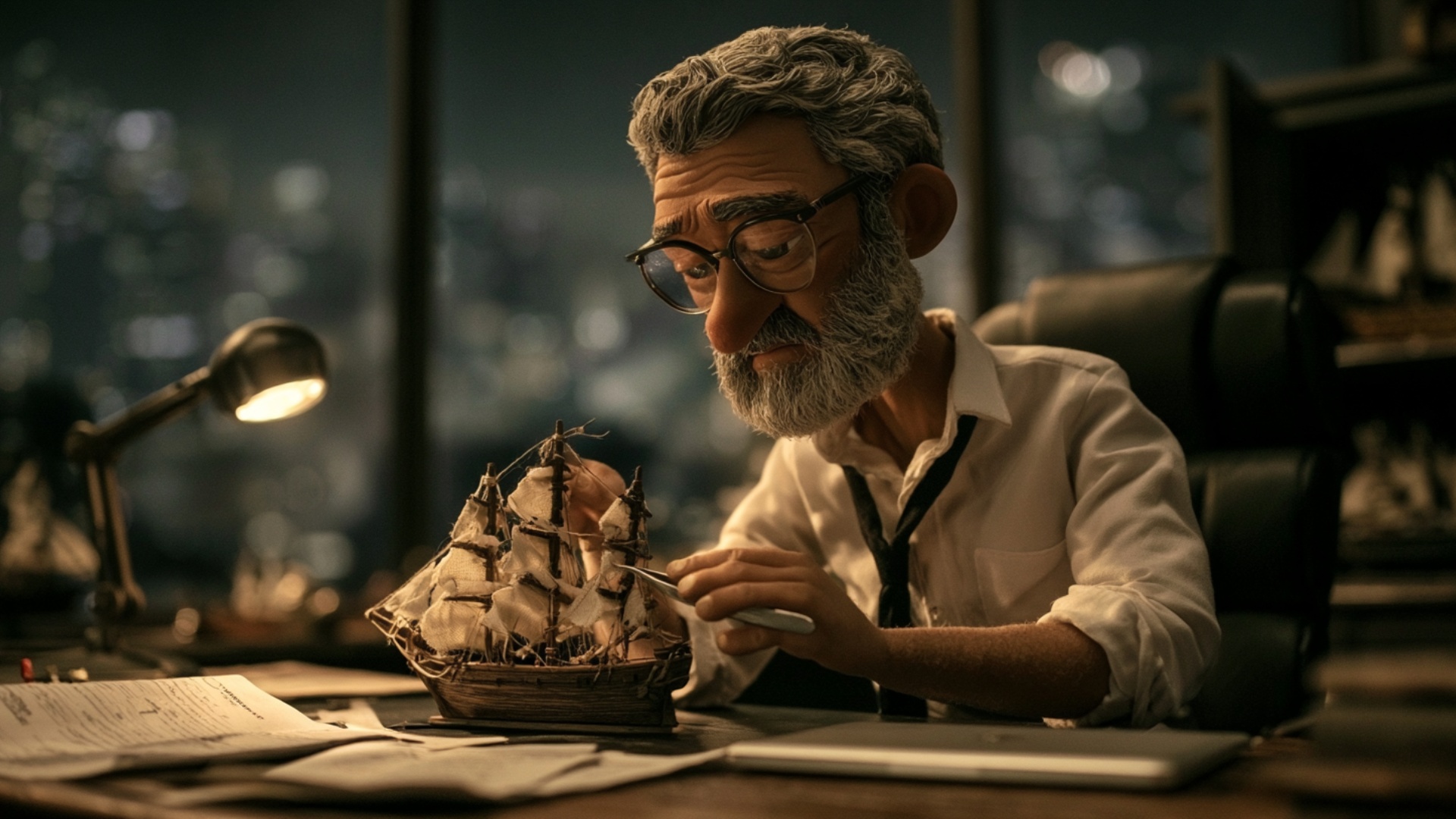 Single continuous 5-second cinematic shot. The businessman carefully uses tweezers to attach a lo...
