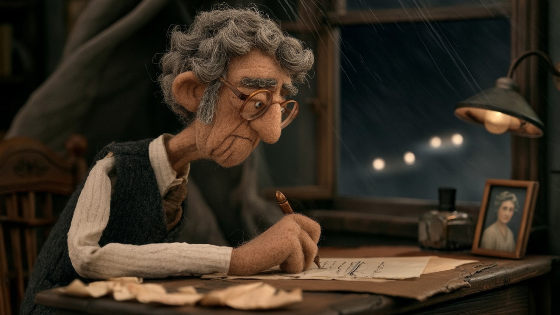 The elderly man continues writing slowly with the fountain pen, completing a short line before st...
