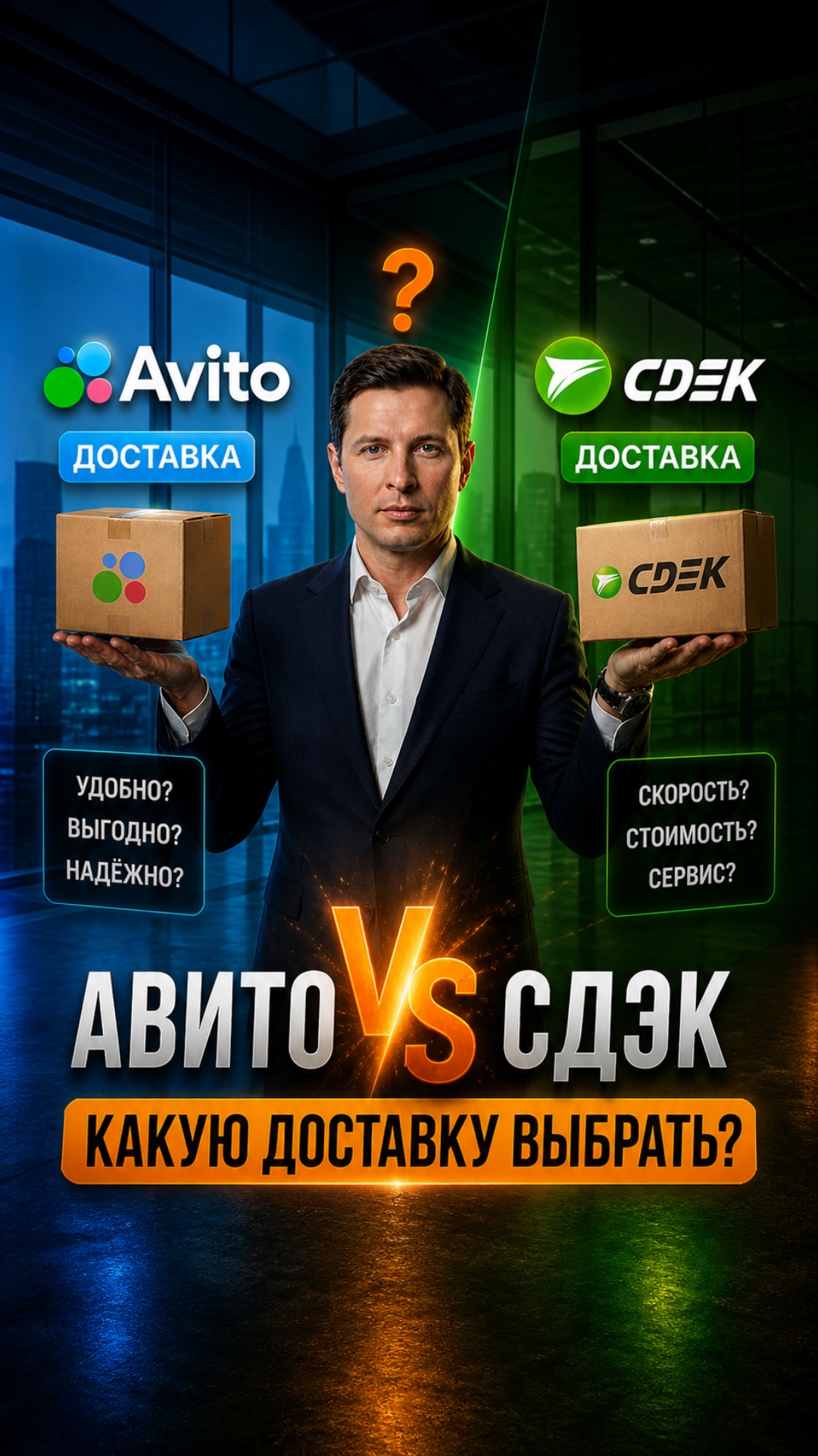 Создай динамичную анимацию в стиле премиального рекламного ролика с контрастом двух сервисов дост...