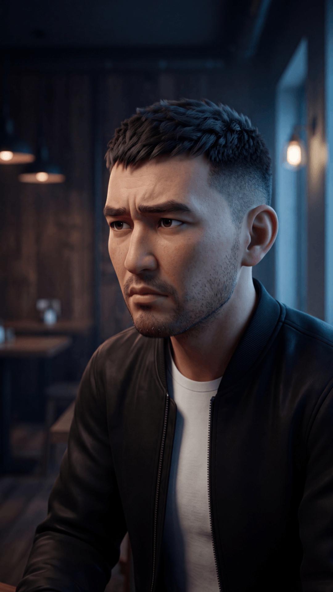 Nurlan, 30-year-old Kyrgyz man, short black hair fade, light stubble beard, black bomber jacket o...