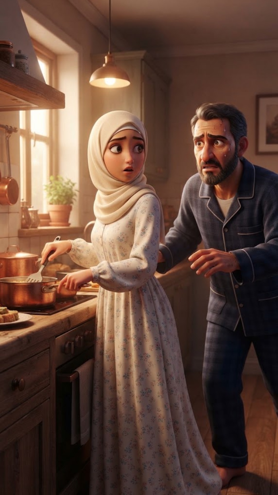 *Cinematic 3D animation scene in a kitchen. A middle-aged man wearing dark blue pajamas rushes qu...
