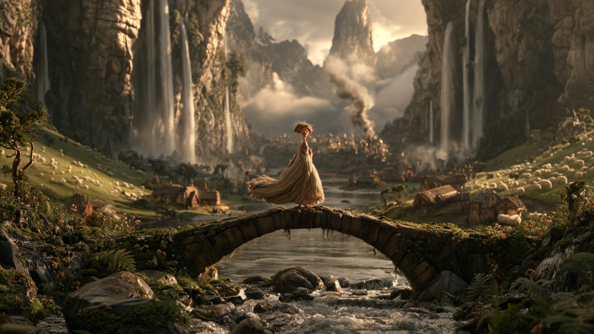 The woman begins walking slowly across the existing stone bridge, taking several calm steps while...