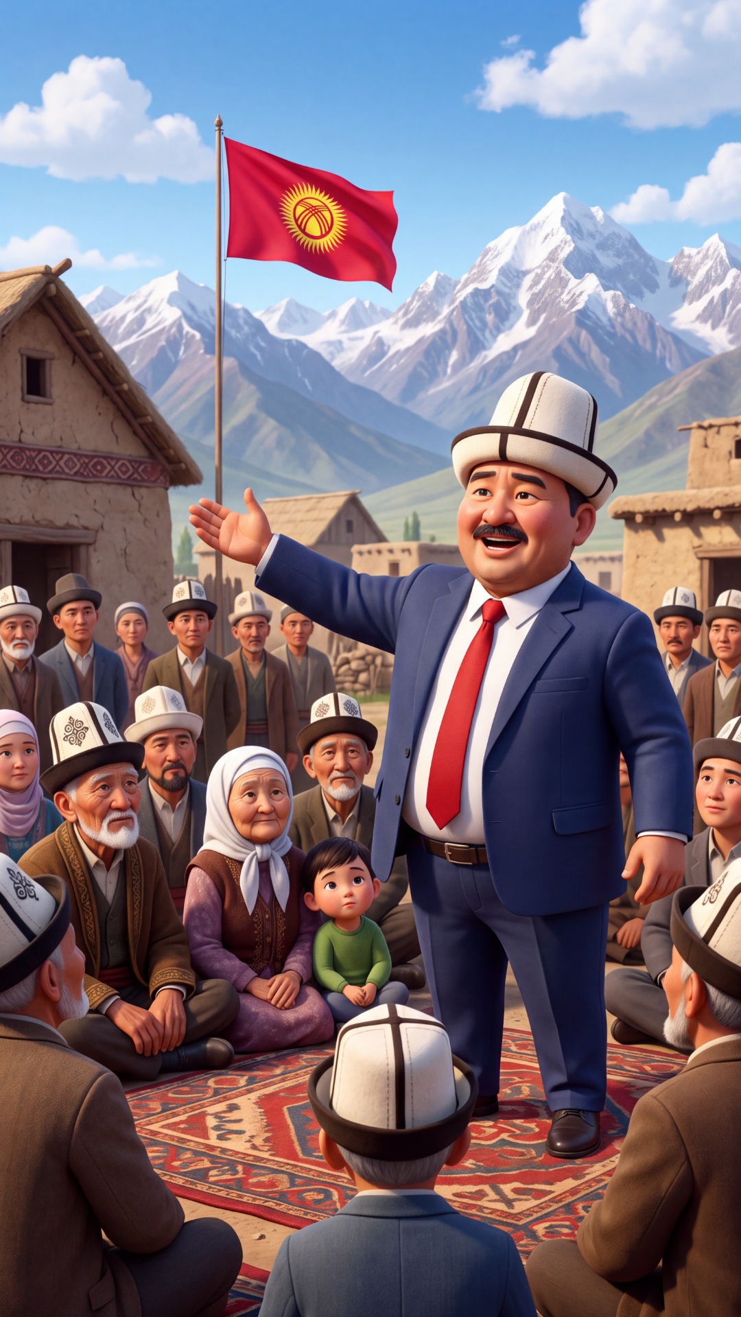 Image-to-video from the provided frame. Pixar-style 3D, 9:16. The DEPUTY (plump Kyrgyz man, WHITE...