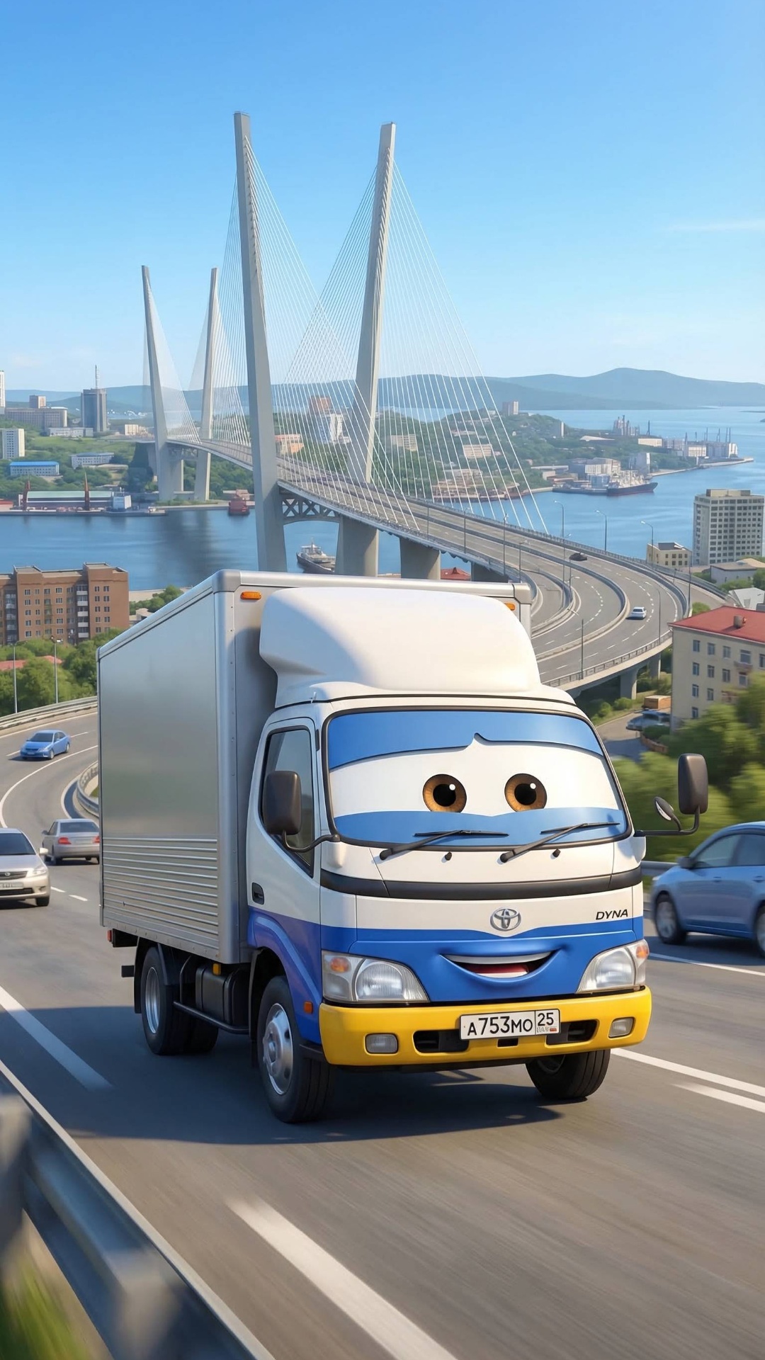 A car, strictly matching the reference image, drives forward on the same road and in the same env...