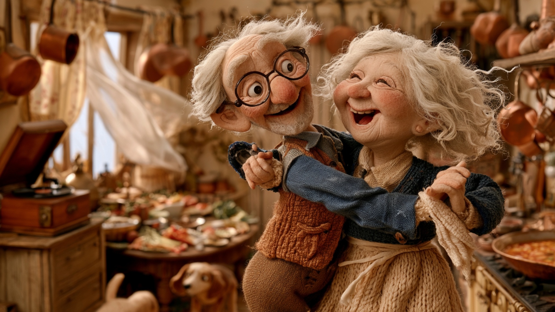 The elderly couple continues their joyful dance in the small kitchen. The man gently leads the wo...
