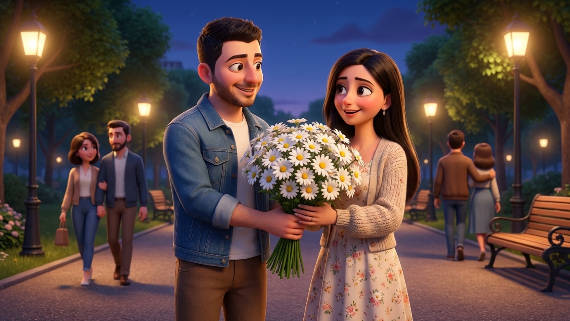 young man and woman texting on their phones, smiling sweetly, expressive eyes, soft эмоции, Pixar...