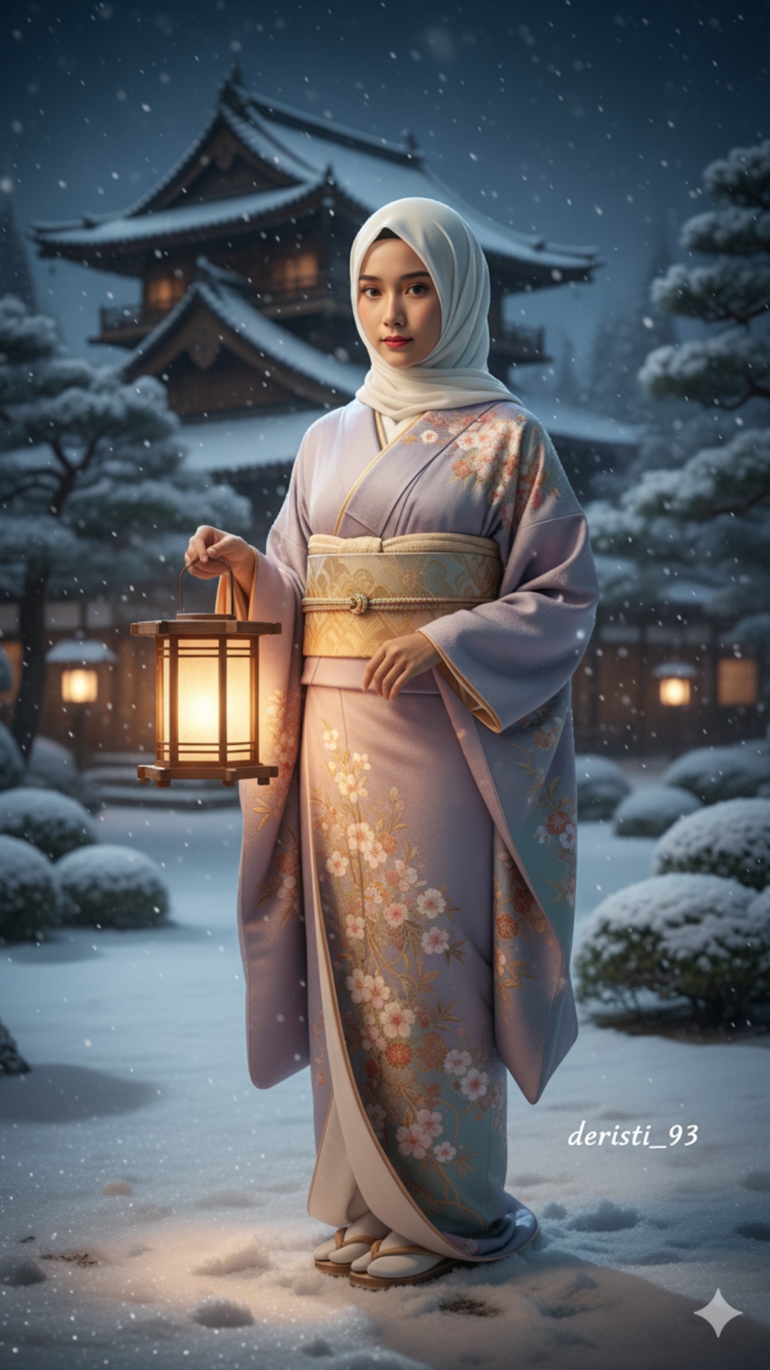 A serene Japanese winter night, a graceful woman in a lavender floral kimono and white hijab walk...
