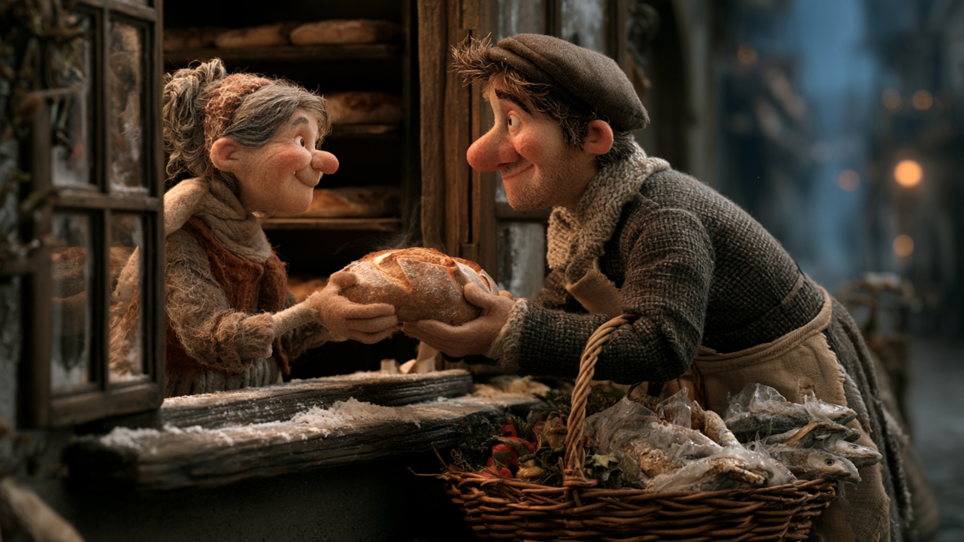 The woman securely takes the loaf into her hands as the baker gradually releases his grip. For a ...