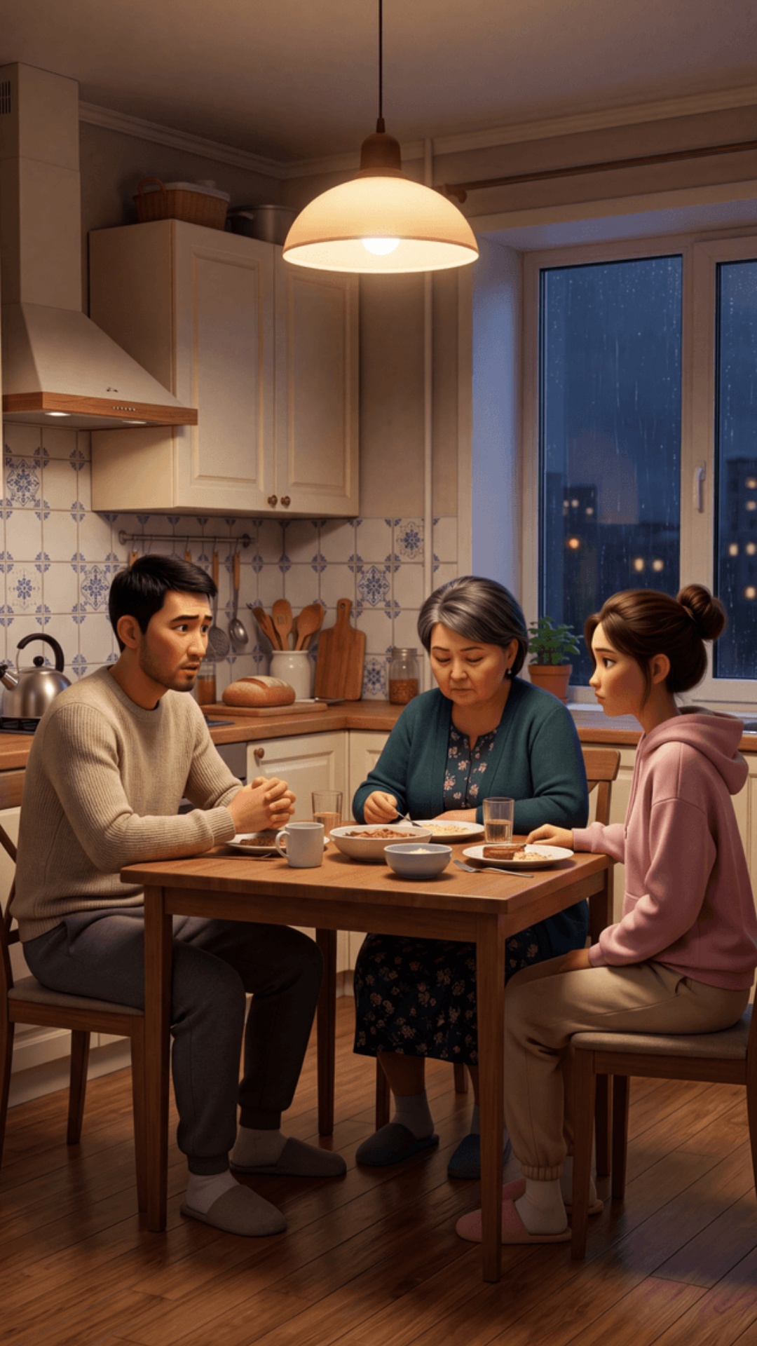 Pixar 3D animation style, cinematic 4K.
Moscow apartment kitchen, evening, warm lamp.
Wooden tabl...