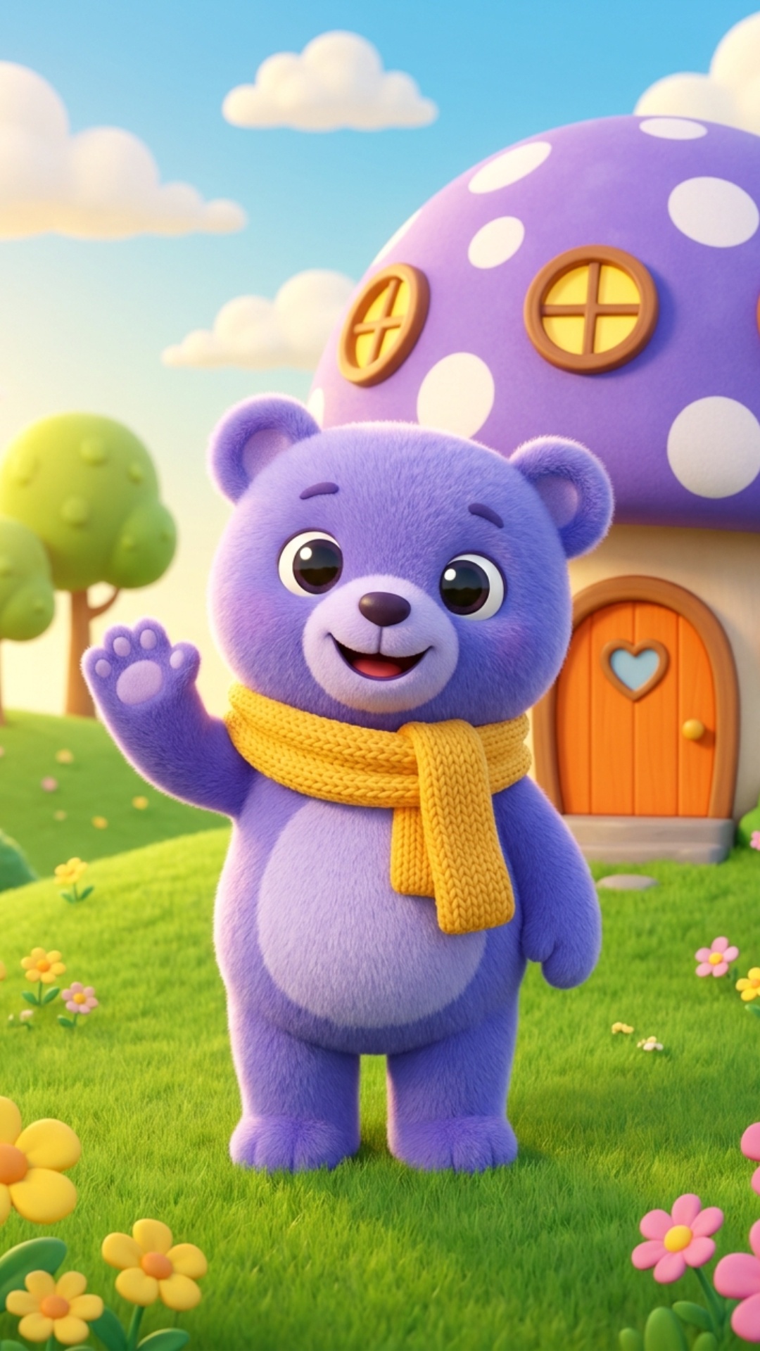 MuTi the purple teddy bear gently waves his paw at the camera, his head tilts slightly side to si...