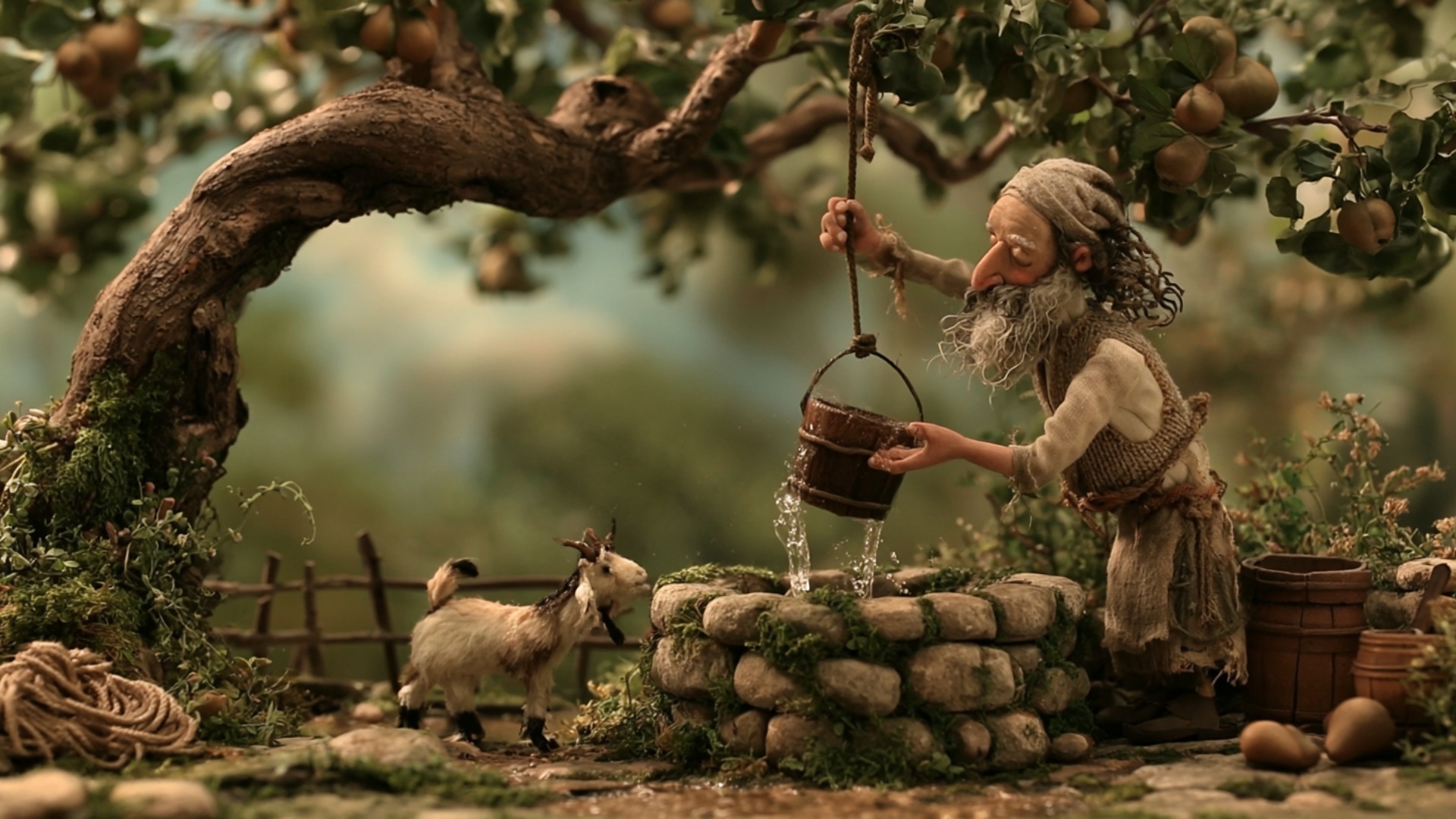 The farmer steadily pulls the rope upward and raises the full wooden bucket clearly above the sto...